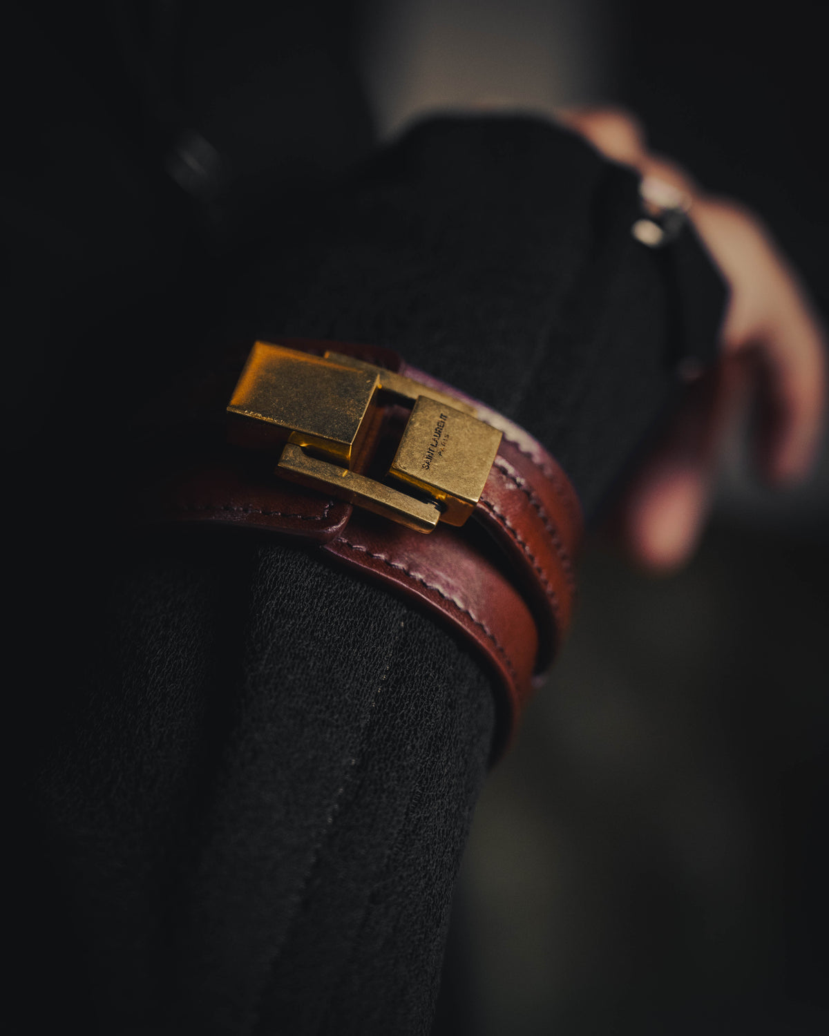 –SPECIAL– "Saint Laurent" 10's Burgundy leather wide cuff bracelet with antique gold buckle