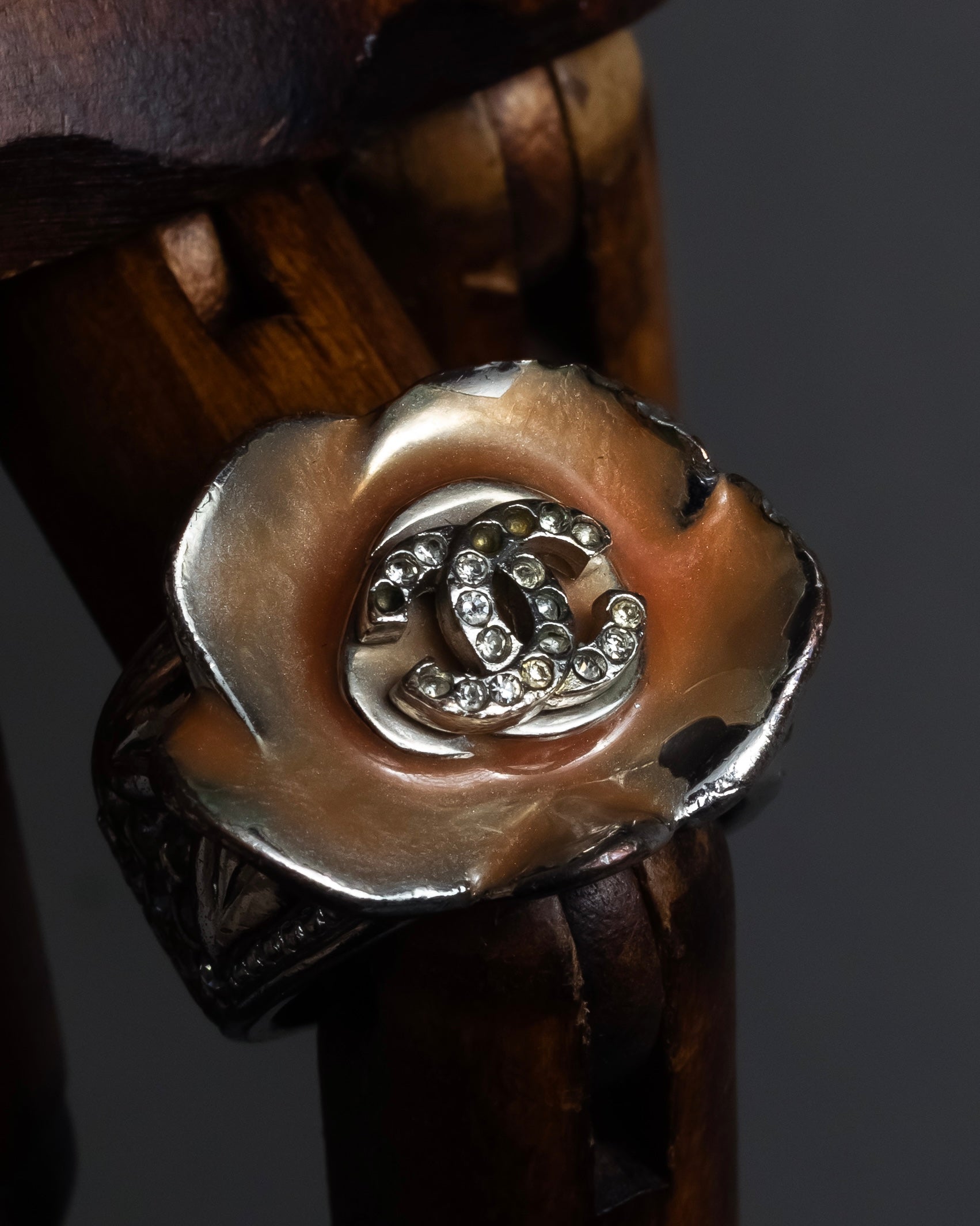 "CHANEL" Camellia motif rhinestone logo design ring