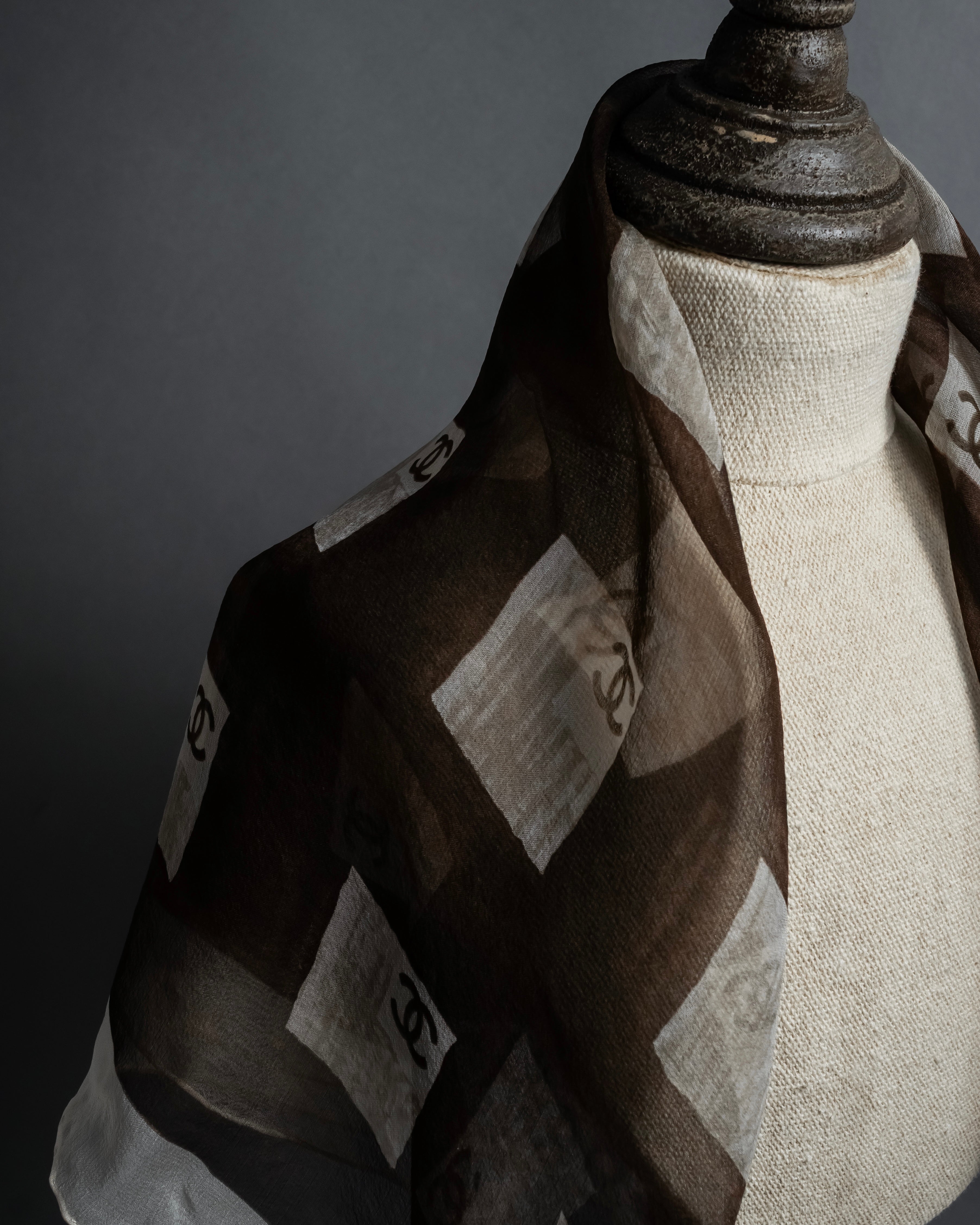 "CHANEL" 90's Square icon logo pattern sheer silk scarf