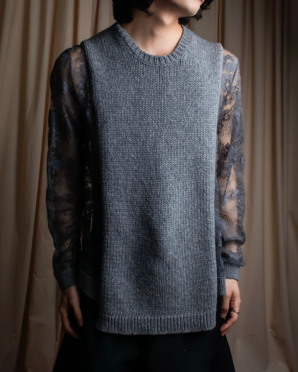 "VALENTINO" Floral lace cable knit docking design pullover