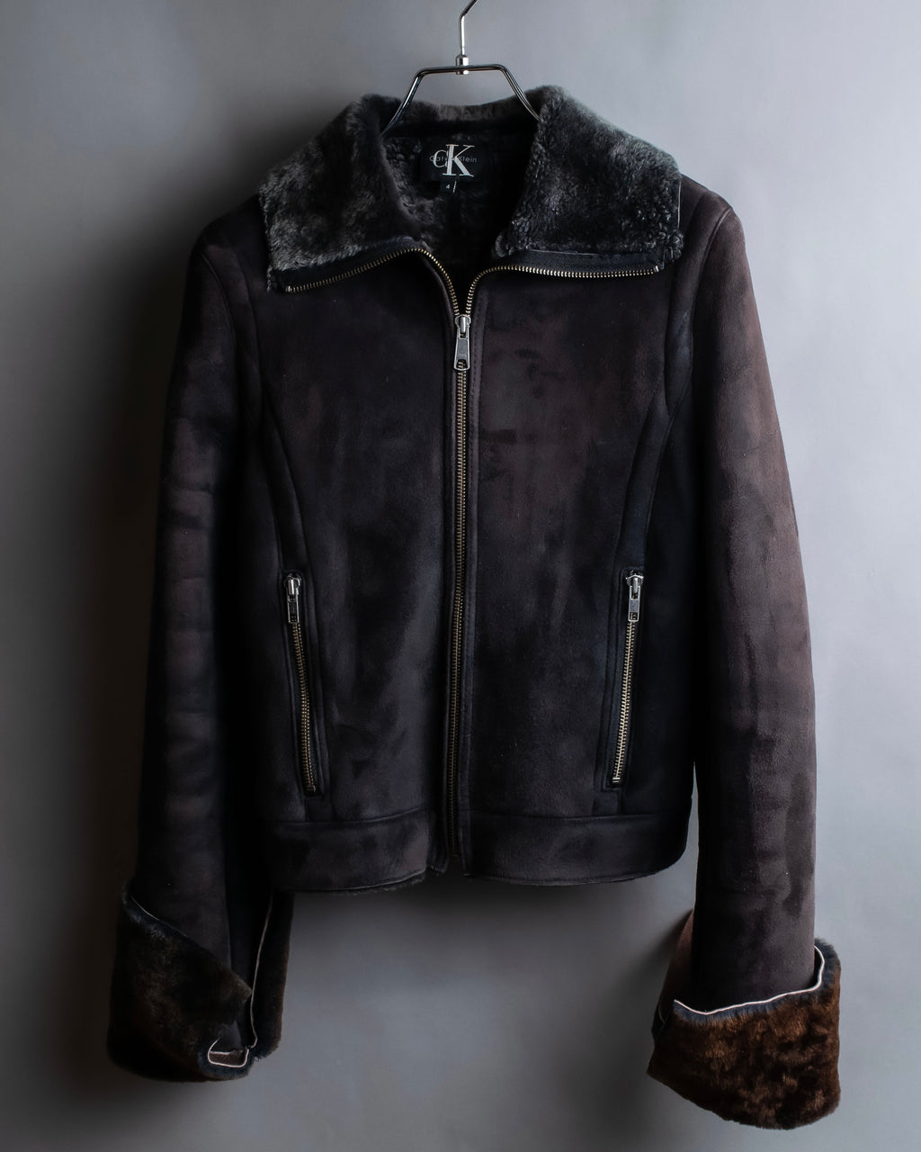 "CALVIN KLEIN" Mouton design zip-up suede jacket