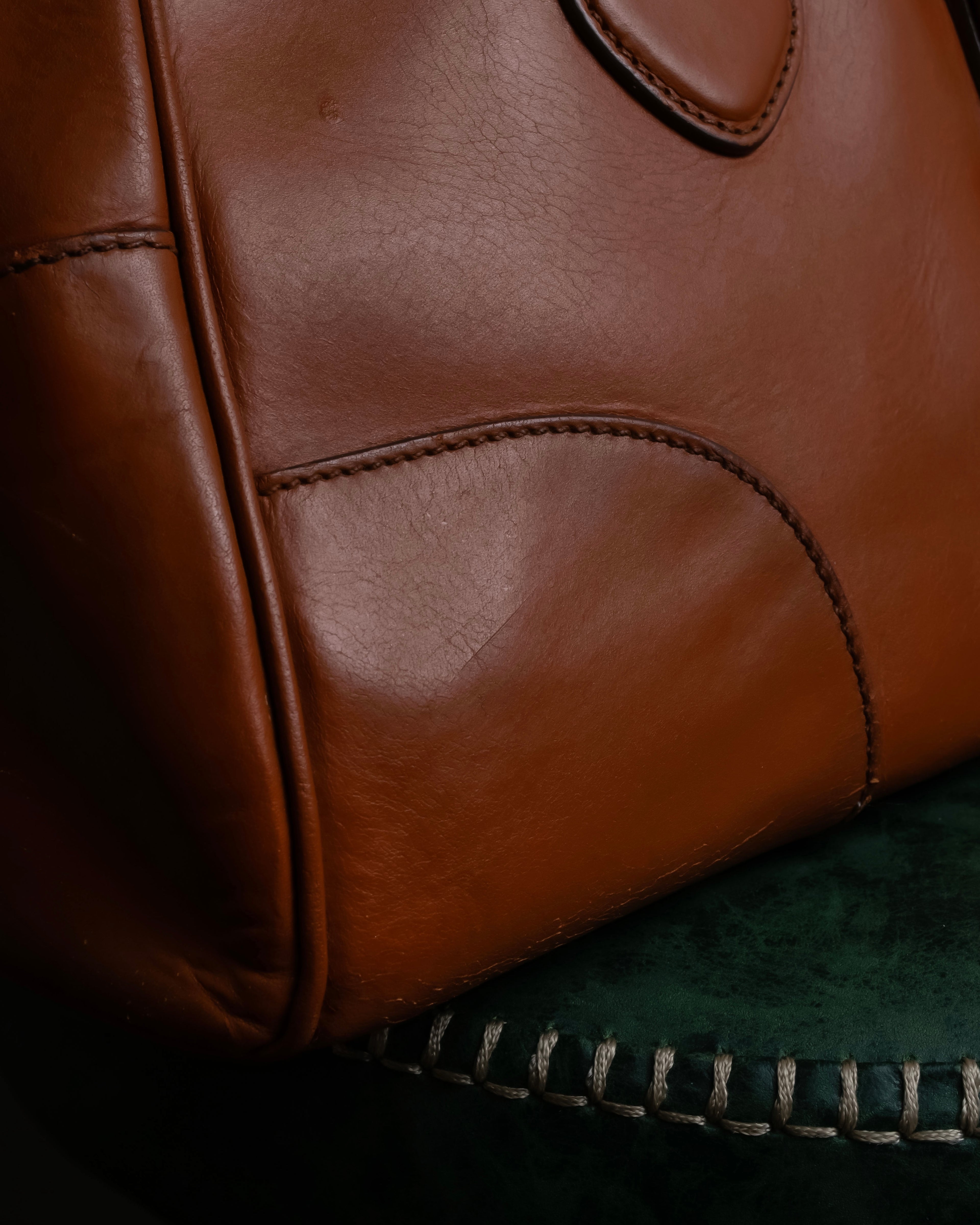 "PRADA" Belt flap detail rounded boston leather bag