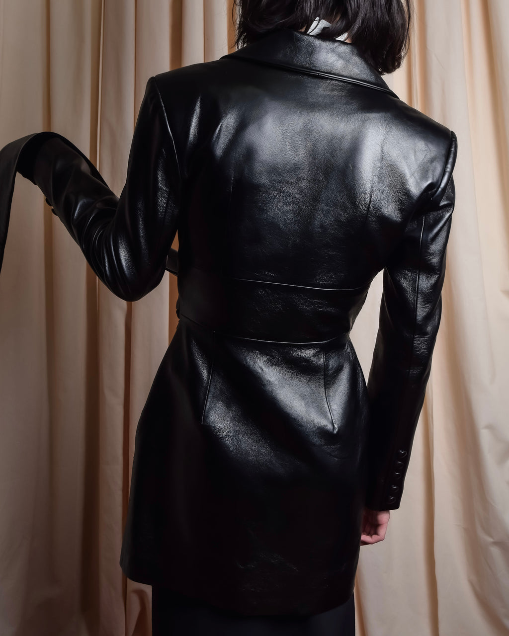 "MATÉRIEL TBILISI" Draped belted synthetic leather long jacket