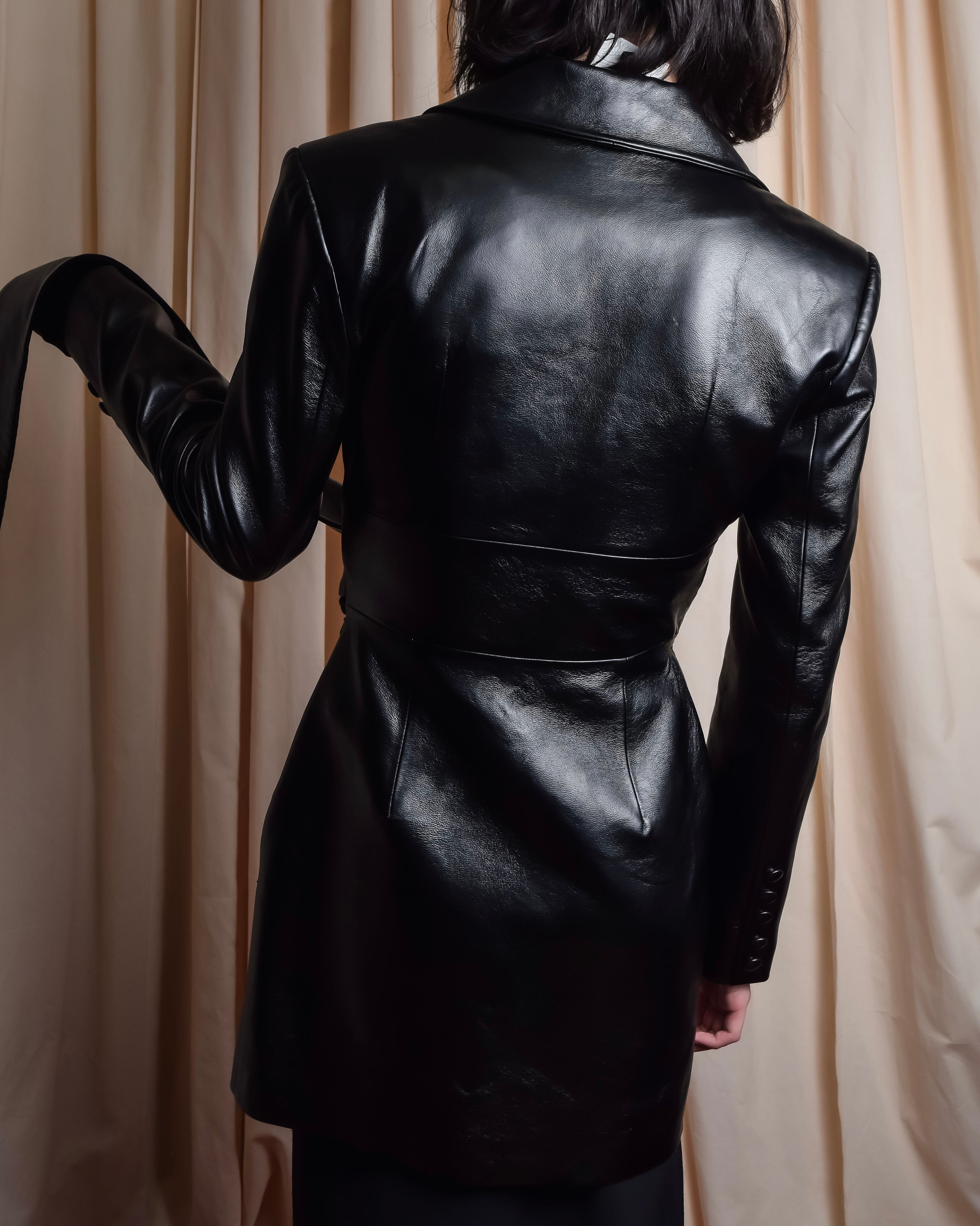 "MATÉRIEL TBILISI" Draped belted synthetic leather long jacket