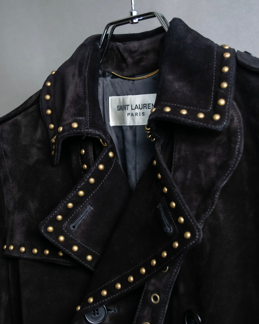 "Saint Laurent" 19AW gold studs design suede long coat