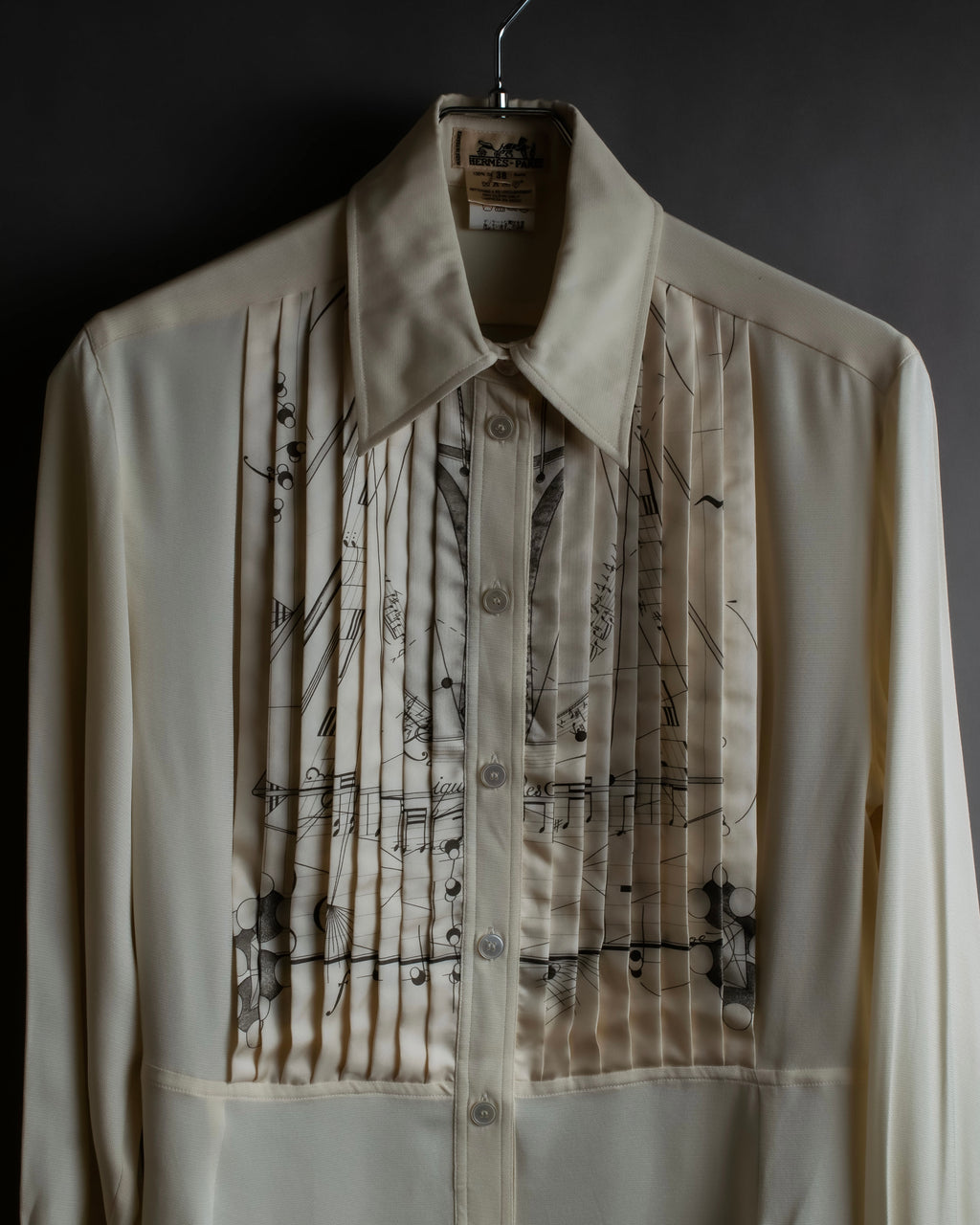 "HERMES" 90's Musical score motif front pleated shirt