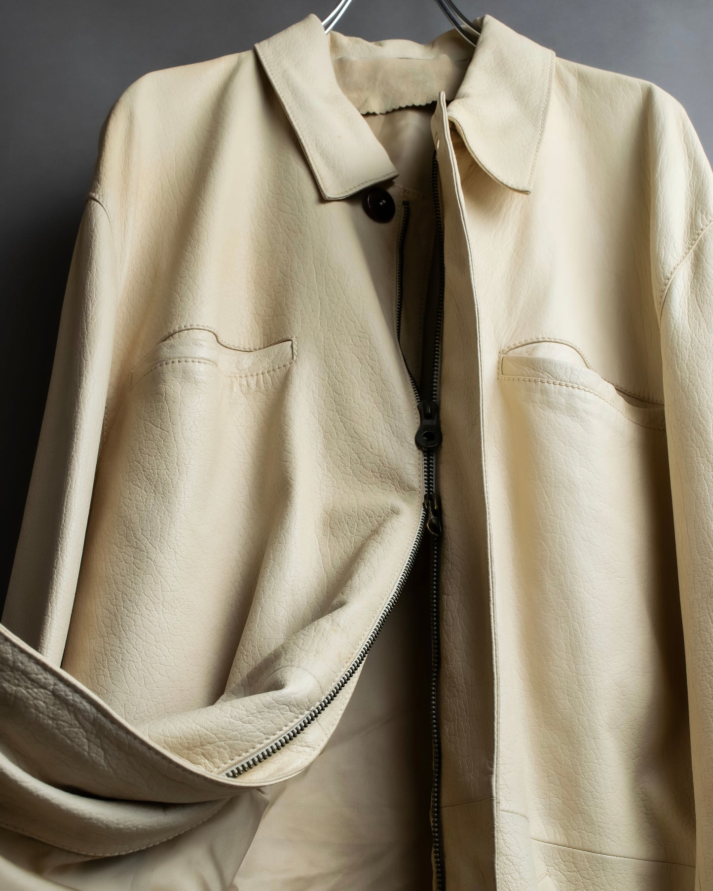 "LOEWE" 100% real leather off white color double zipper mid length coat