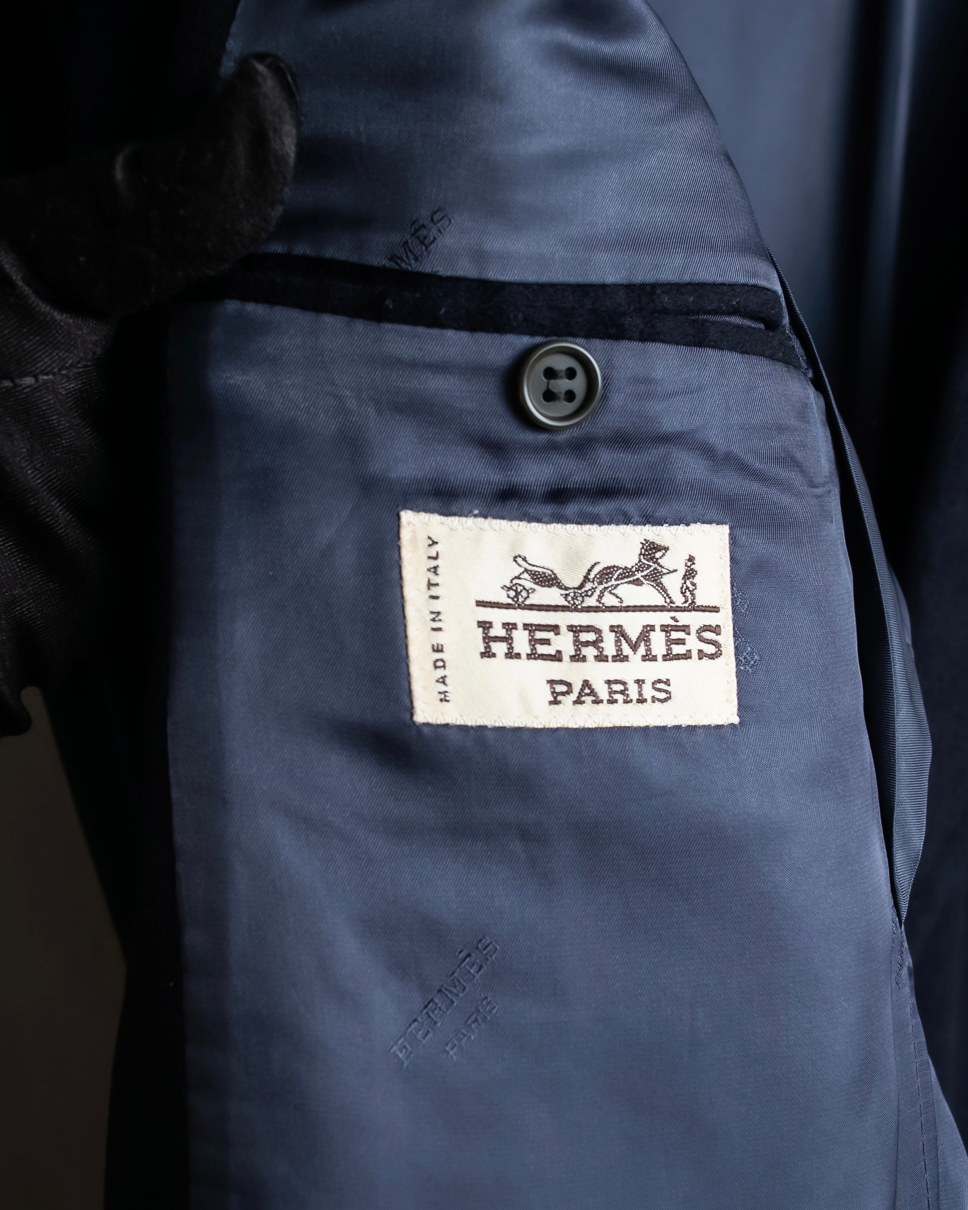"HERMES" 90's Pure cashmere navy blue tailored jacket