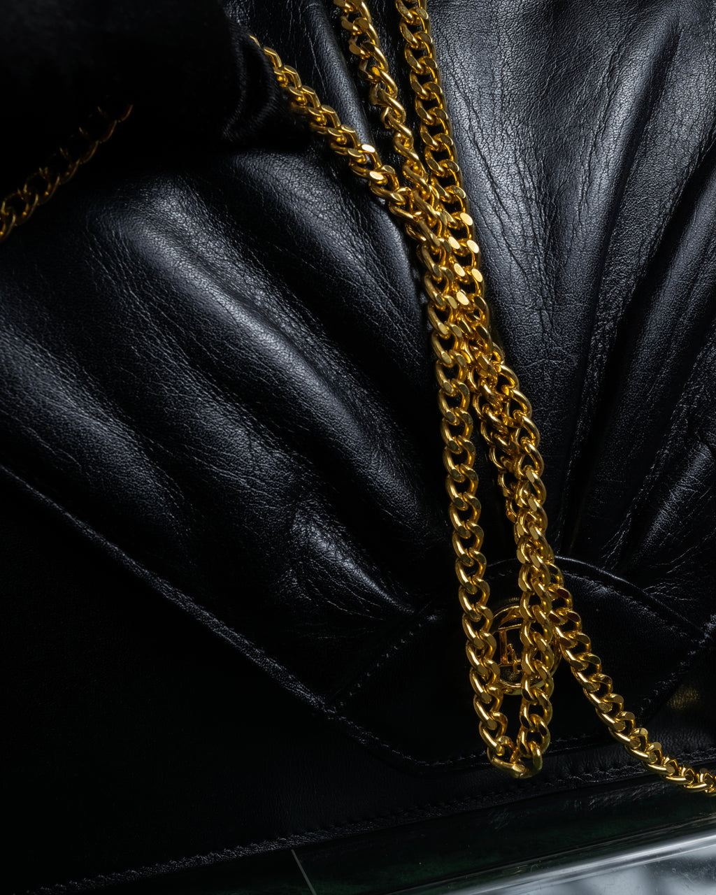 "Christian Dior" 70's-80's Radial drape design gold chain leather shoulder bag
