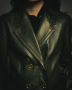 -SPECIAL- “LOEWE” 80’s-90’s Gold buttoned olive leather double-breasted tailored jacket