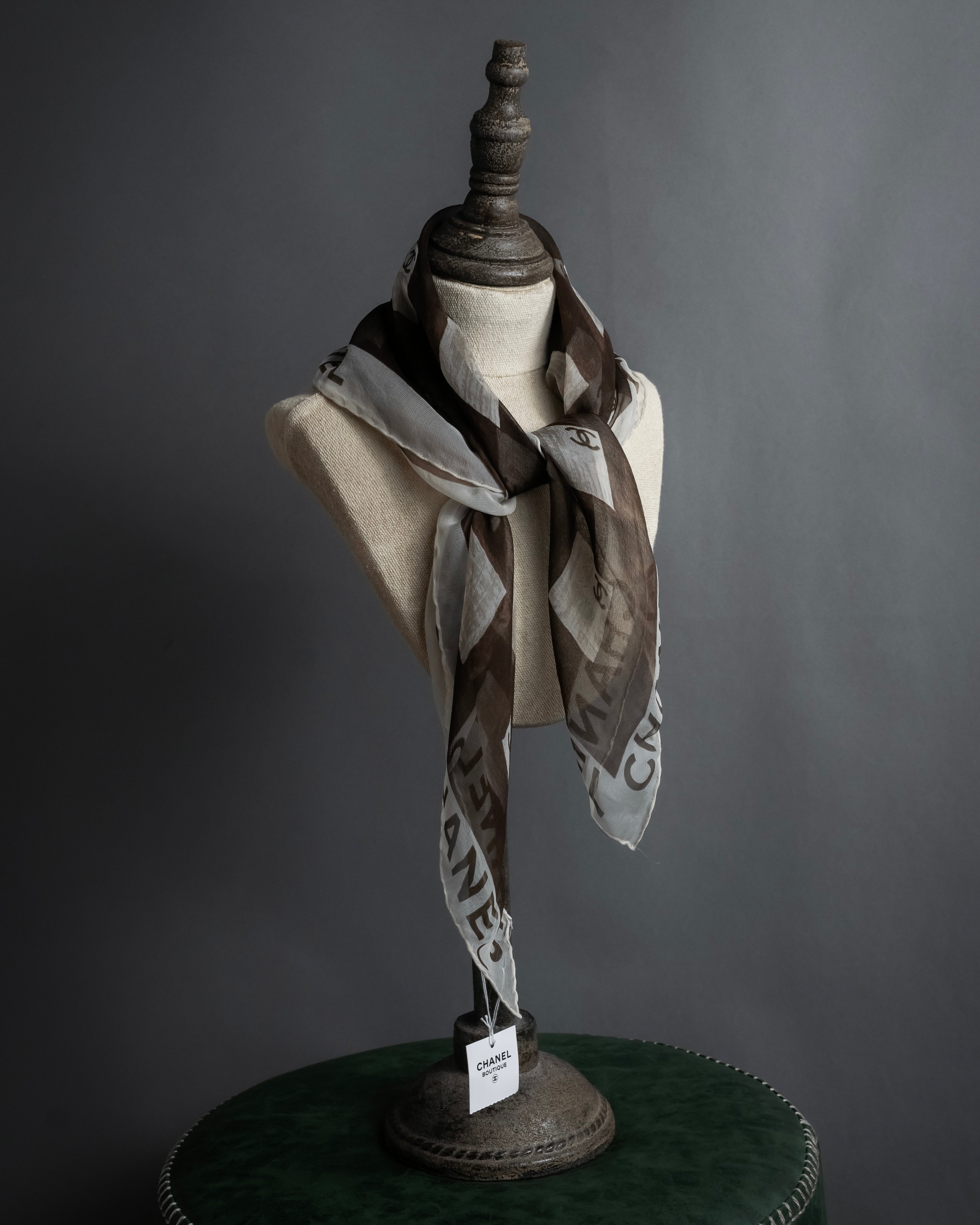 "CHANEL" 90's Square icon logo pattern sheer silk scarf