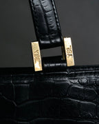 “YVES SAINT LAURENT” 90’s–Early 00’s Croc embossed leather woven stitch tote bag
