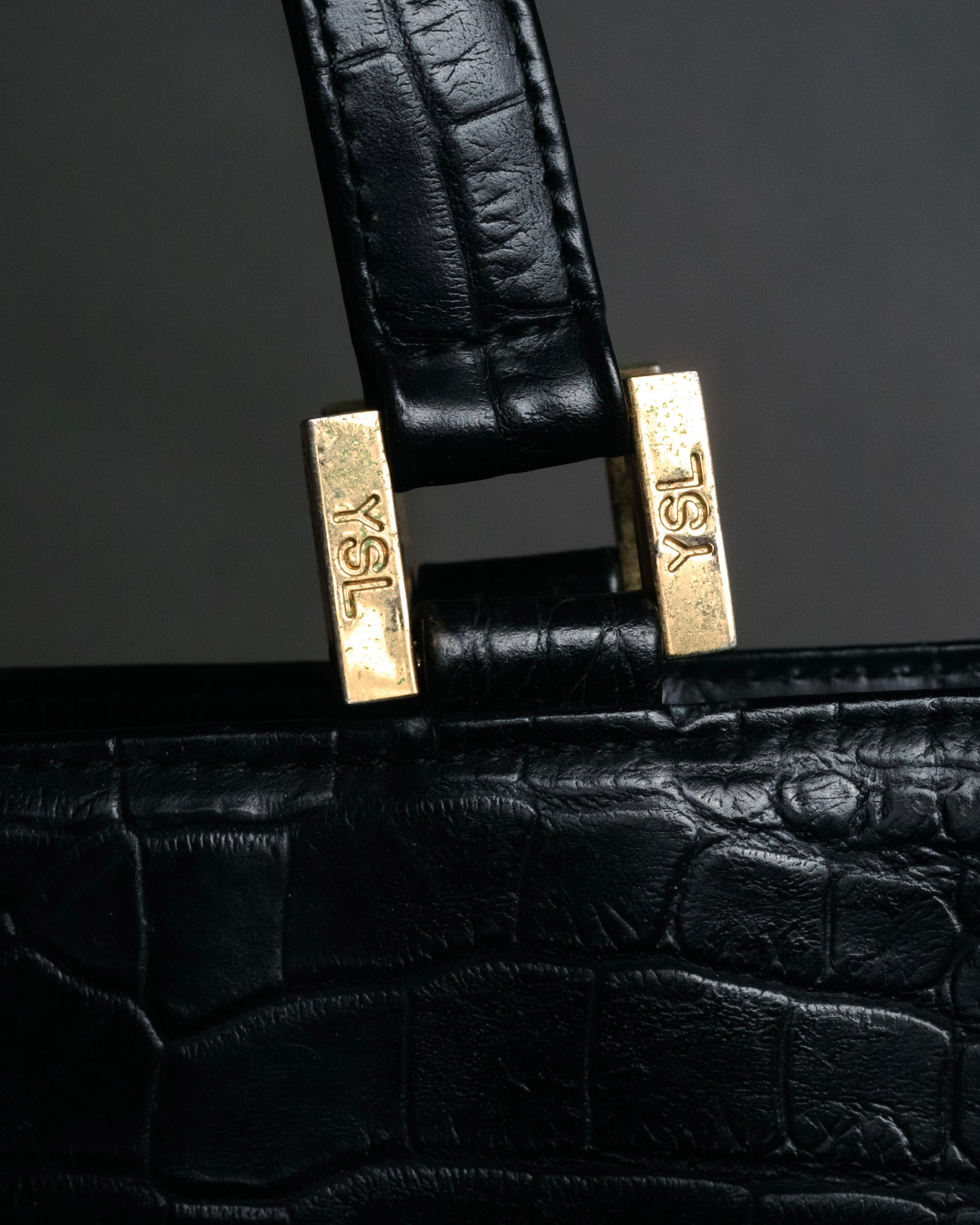 “YVES SAINT LAURENT” 90’s–Early 00’s Croc embossed leather woven stitch tote bag