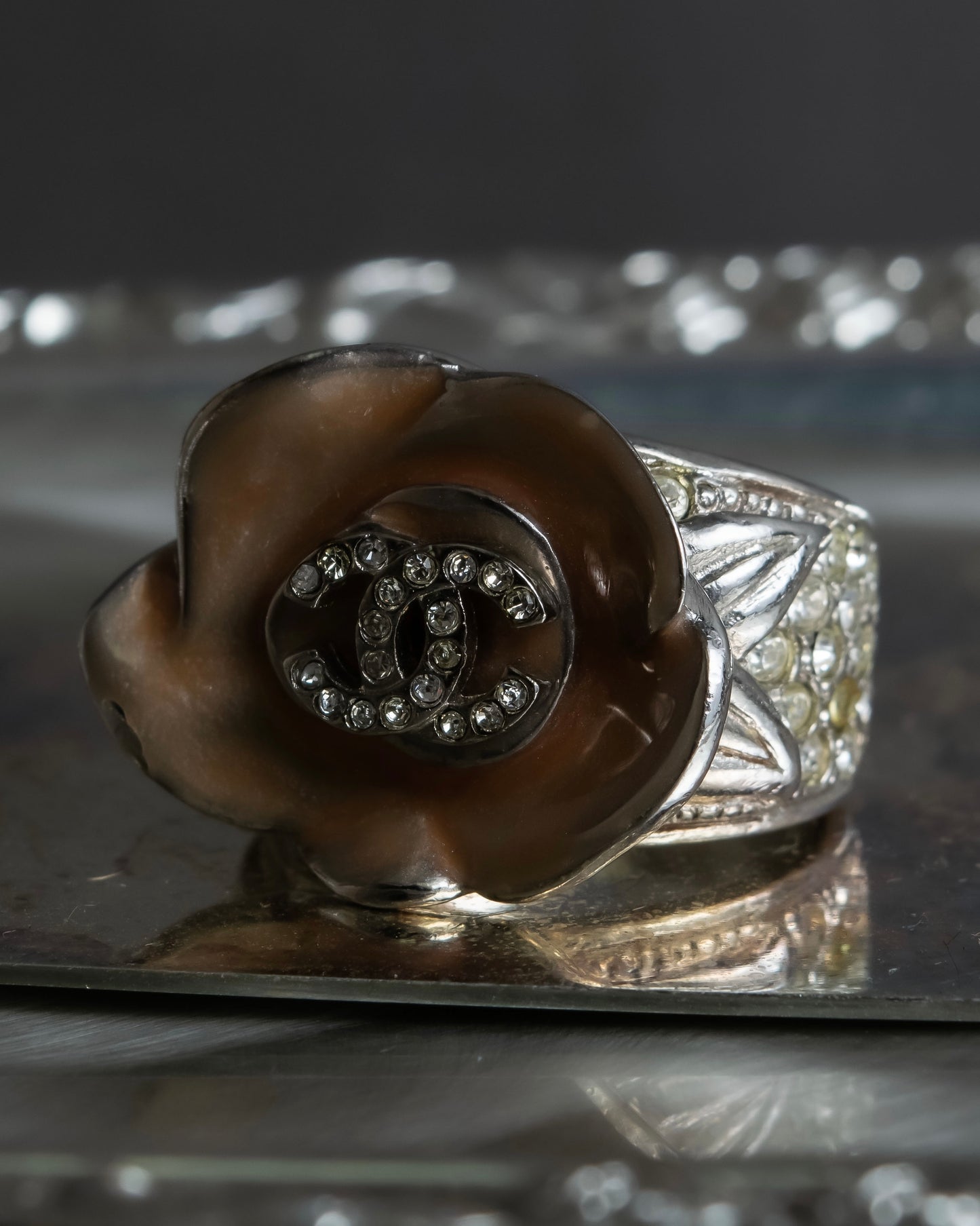 "CHANEL" Camellia motif rhine stone coco mark ring