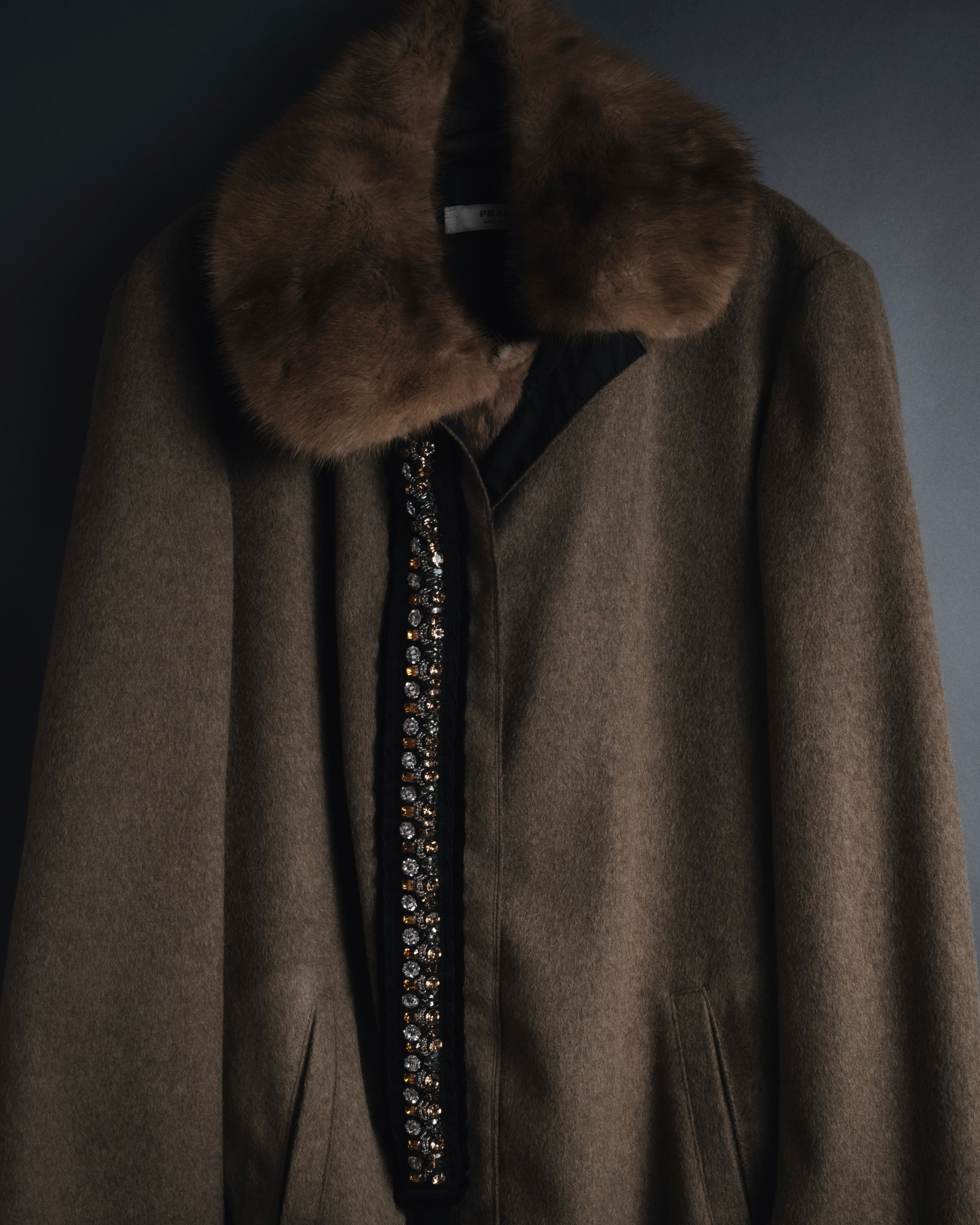 "PRADA" 90’s-00’s embellished fur-collar stretch tech coat