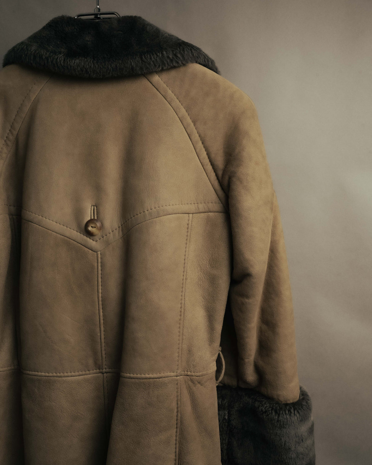 “LOEWE” 70’s-early 90’s Suede shearling belted long coat