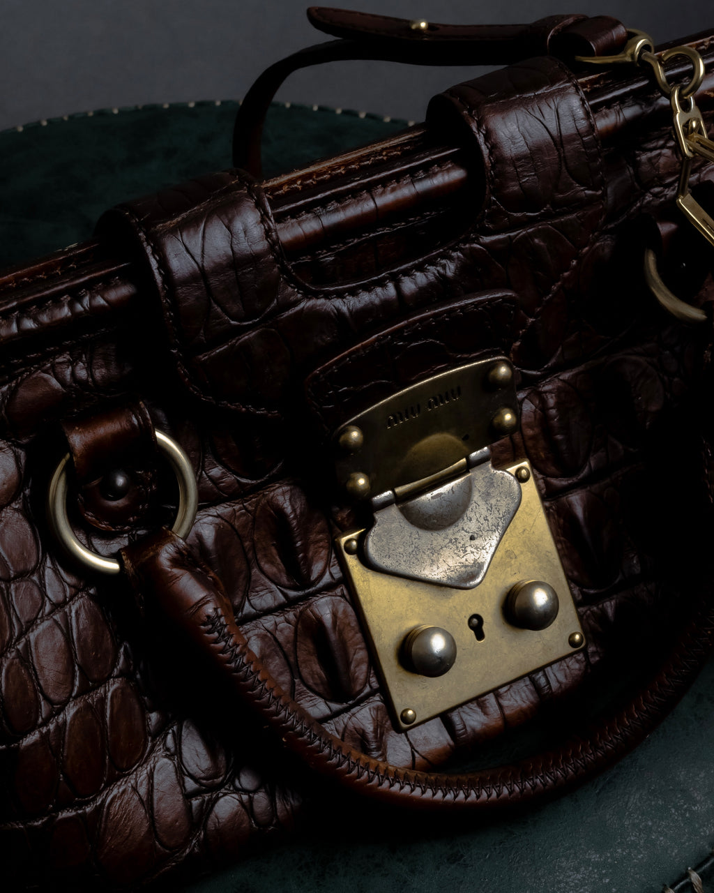 "MIU MIU" Antique design crocodile embossed leather 2way bag