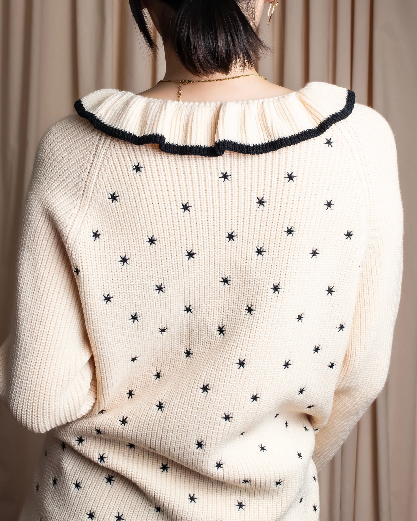 "Christian Dior" Star print frill detail cable knit tunic pullover