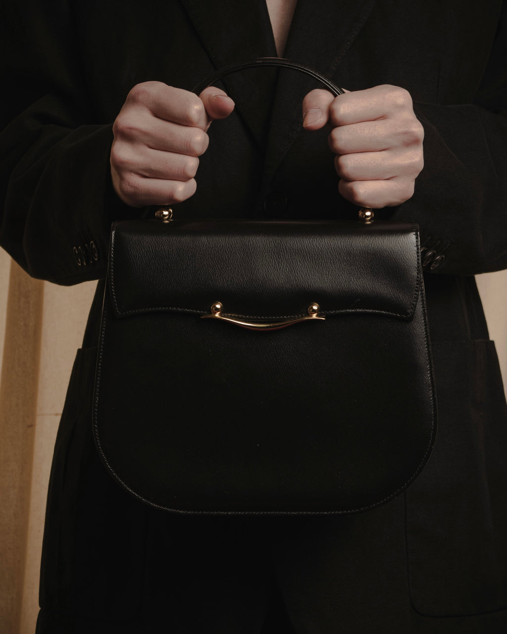 "PIERRE BALMAIN" 80’s-90’s box calf gold bar top handle bag