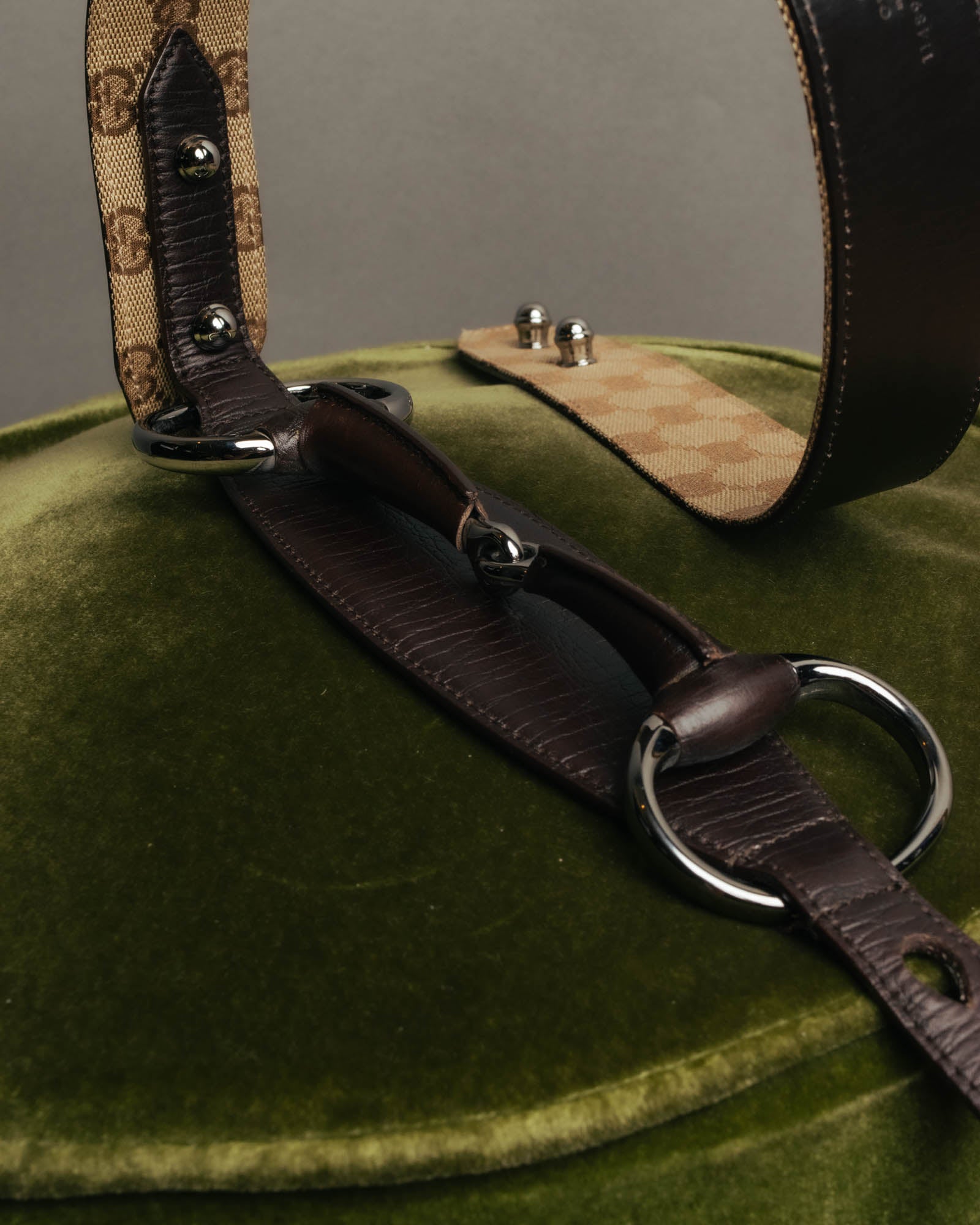 "GUCCI" 00's Large horsebit GG canvas wide waist belt
