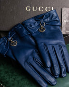 "GUCCI" Ribbon＆charm design blue leather gloves
