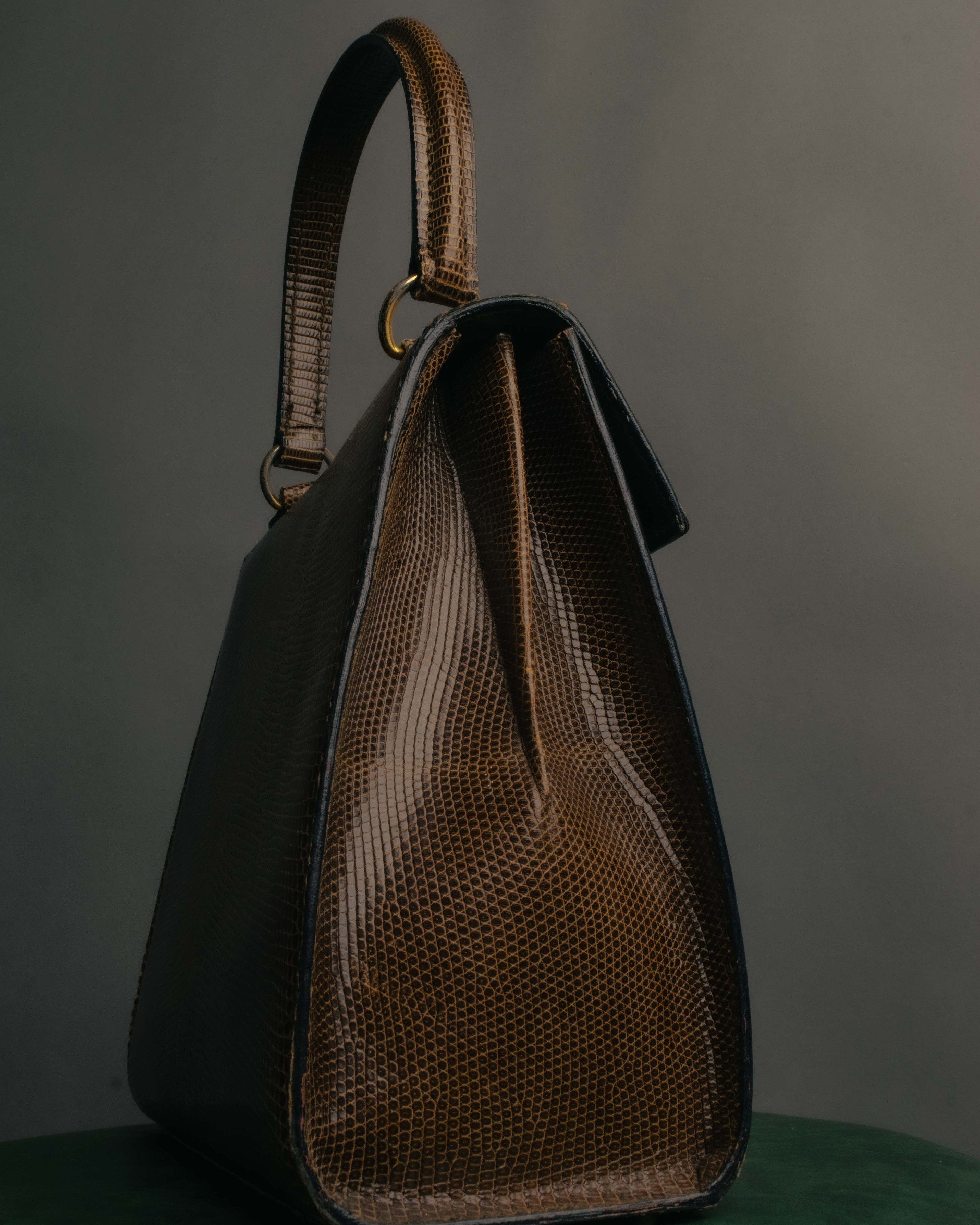 "CELINE" 70's-80's Structured lizard embossed leather top handle handbag