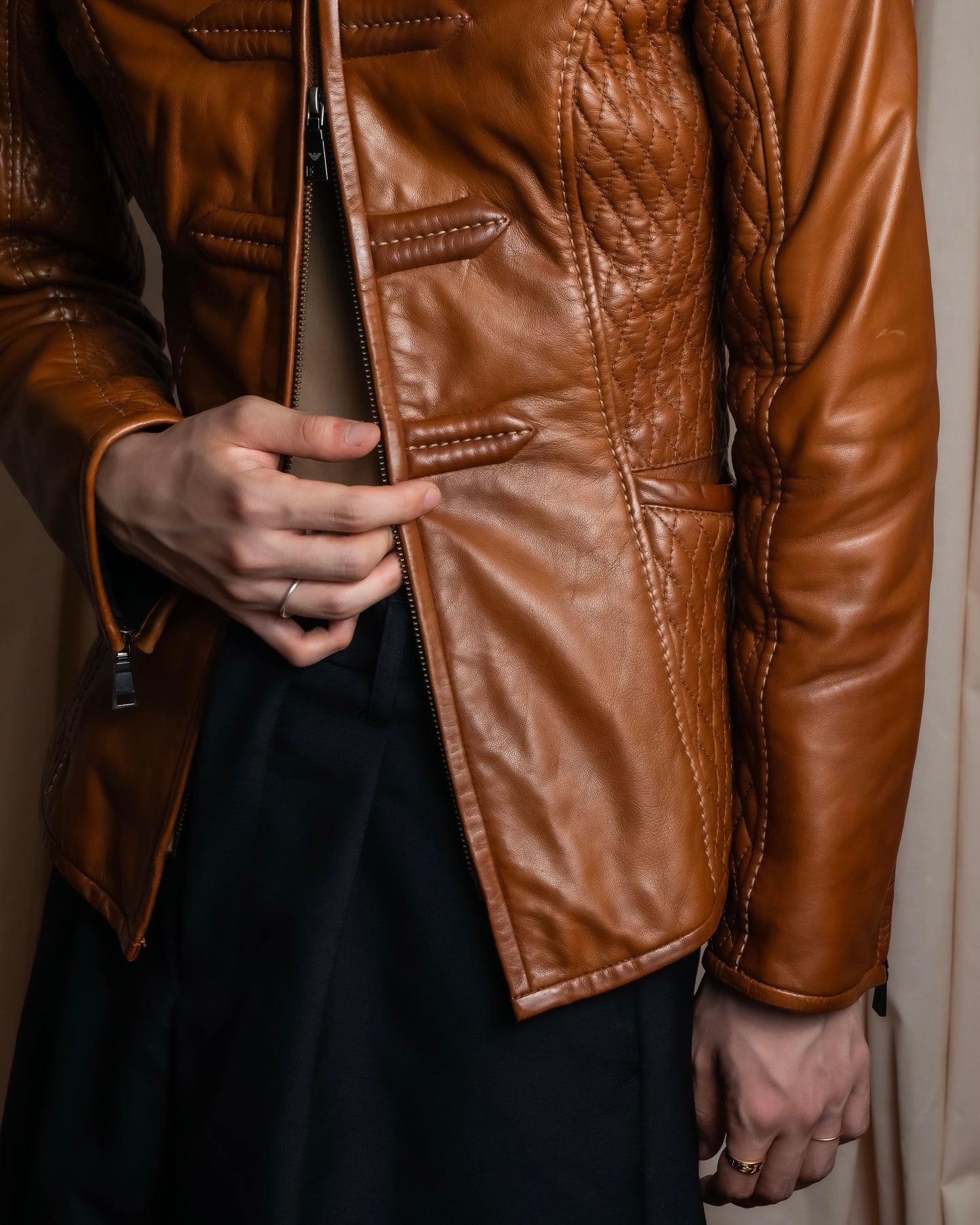 "EMPORIO ARMANI"  Quilted design brown color leather jacket