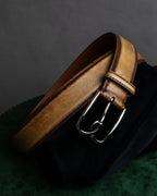 "Berluti" Patina finish curved buckle leather belt