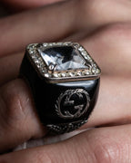 "GUCCI" Crystal rhinestone GG motif engraved signet ring