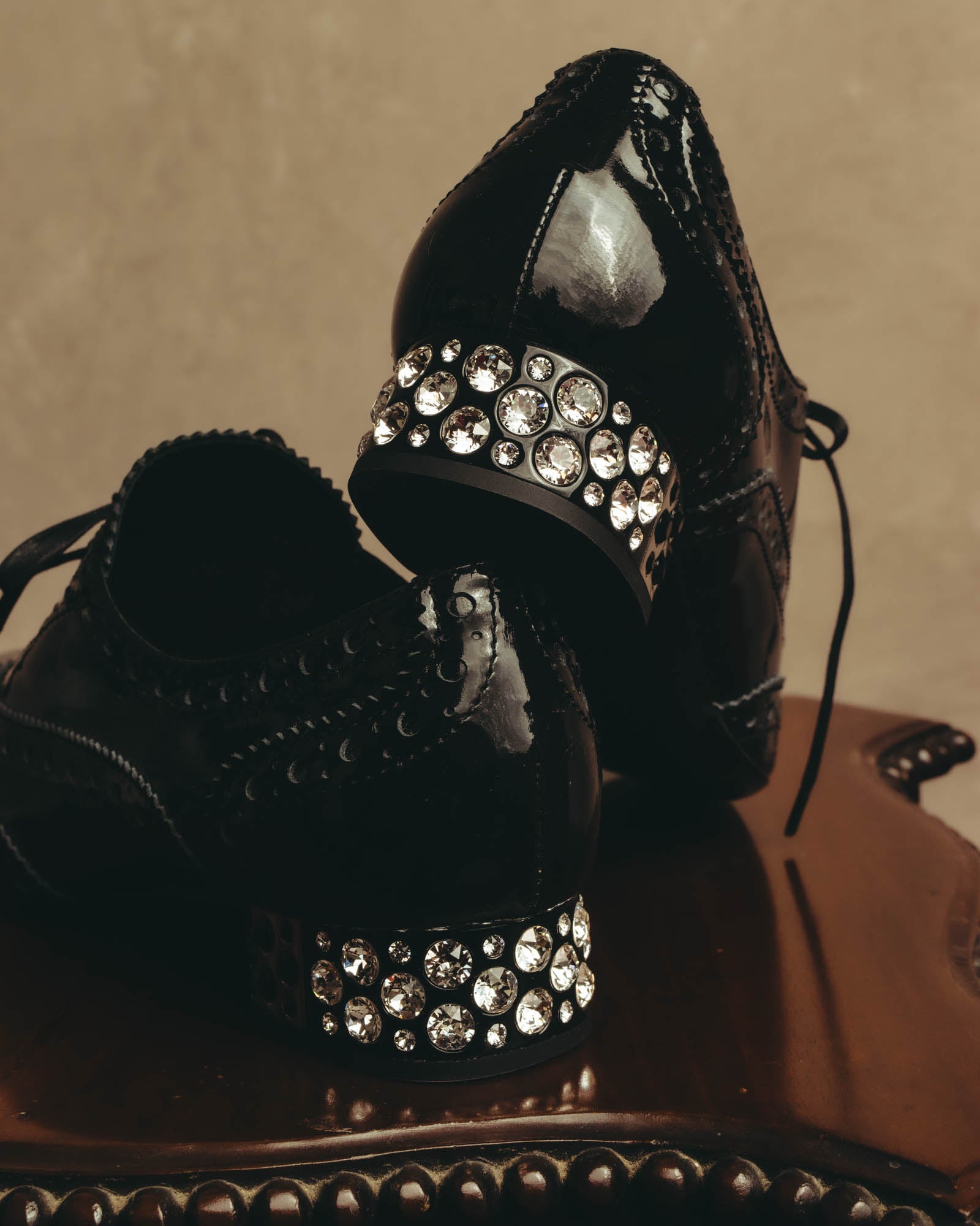 -SPECIAL- “Miu Miu” 2010’s Crystal embellished heel patent leather brogue shoes