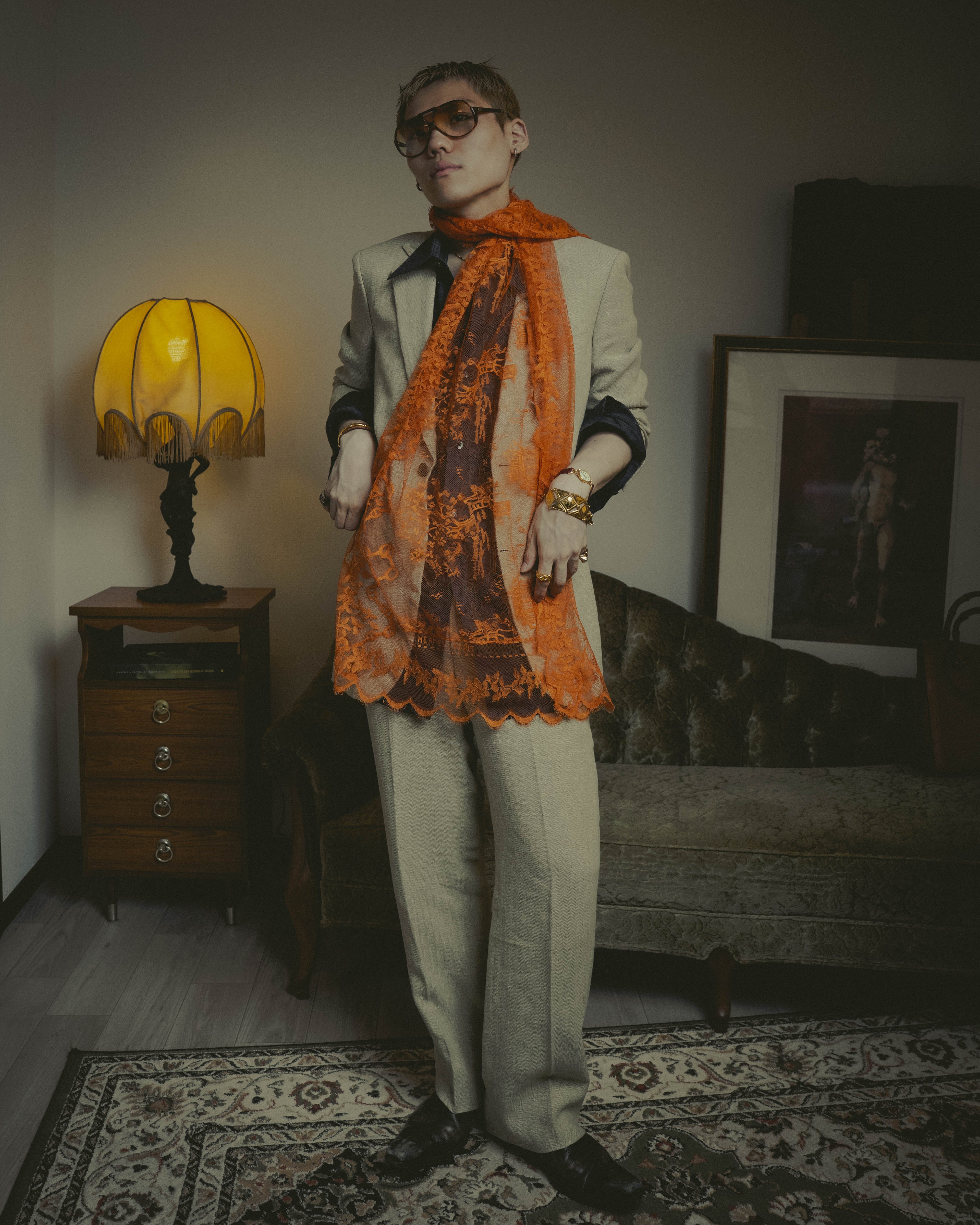 -SPECIAL- “HERMÈS” 2000’s-2010’s orange floral mesh lace stole