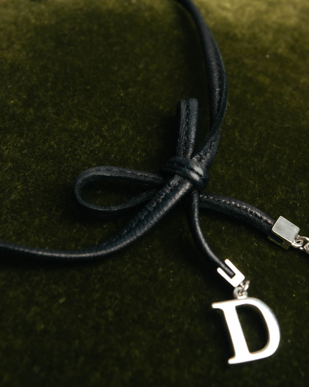 "Christian Dior" Ribbon charm leather cord choker necklace