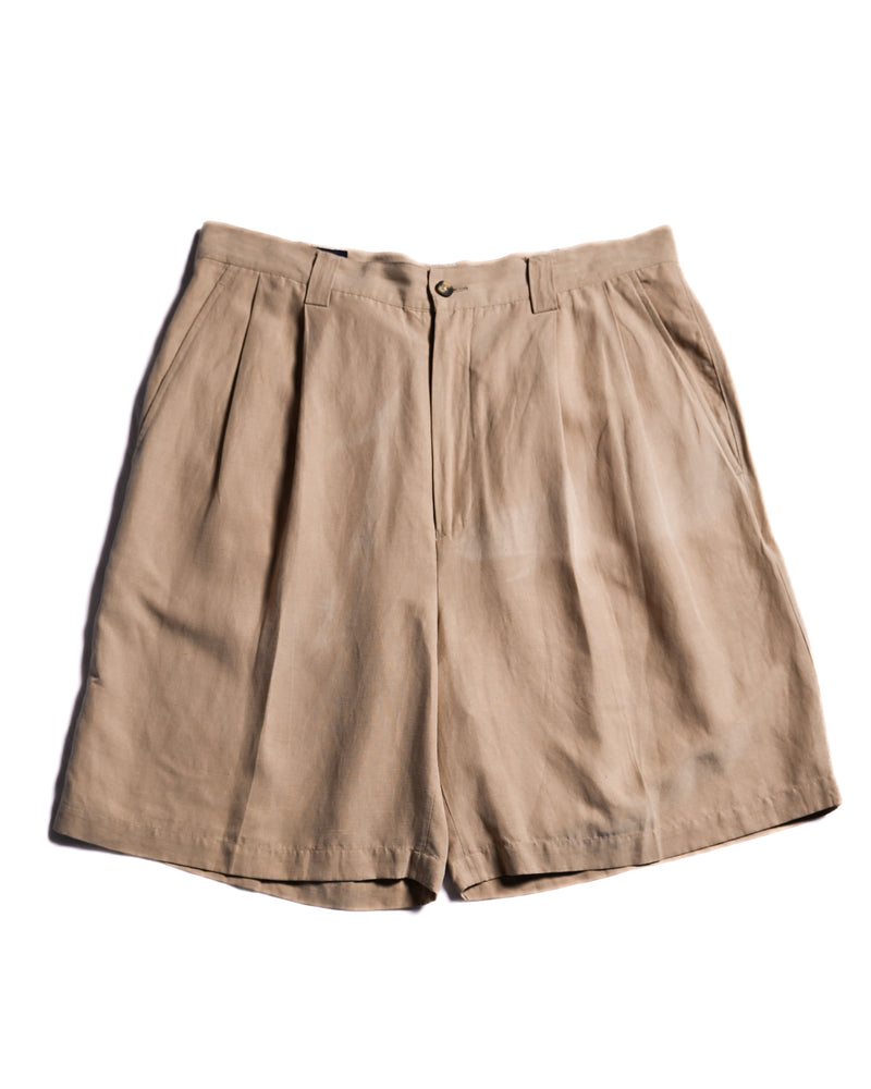 VINTAGE/ Silk & Linen Blended 2 Tuck Shorts Right Brown