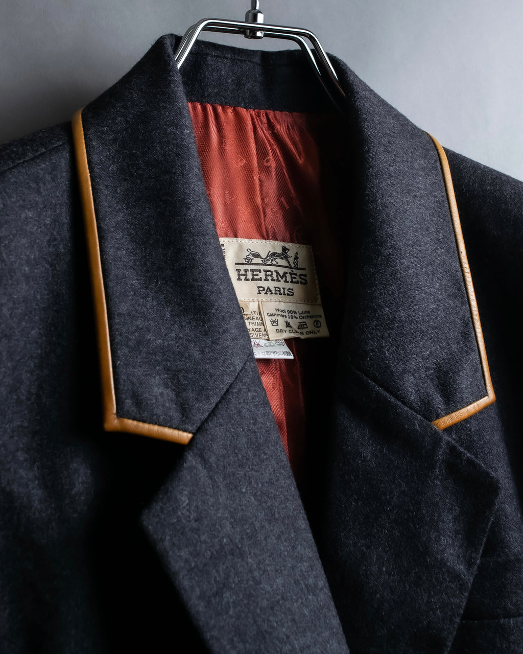 "HERMES" Vintage leather piping design belted tailored jacket