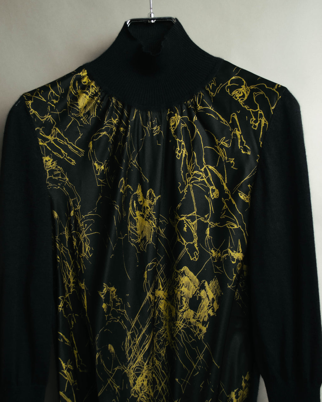 "Hermès" 00's Horse sketch print silk-paneled cashmere blend knit sweater