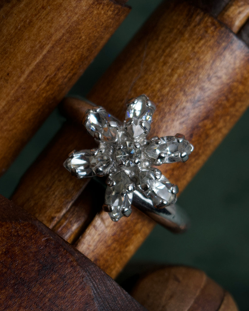 "Christian Dior" Flower motif rhinestone silver ring