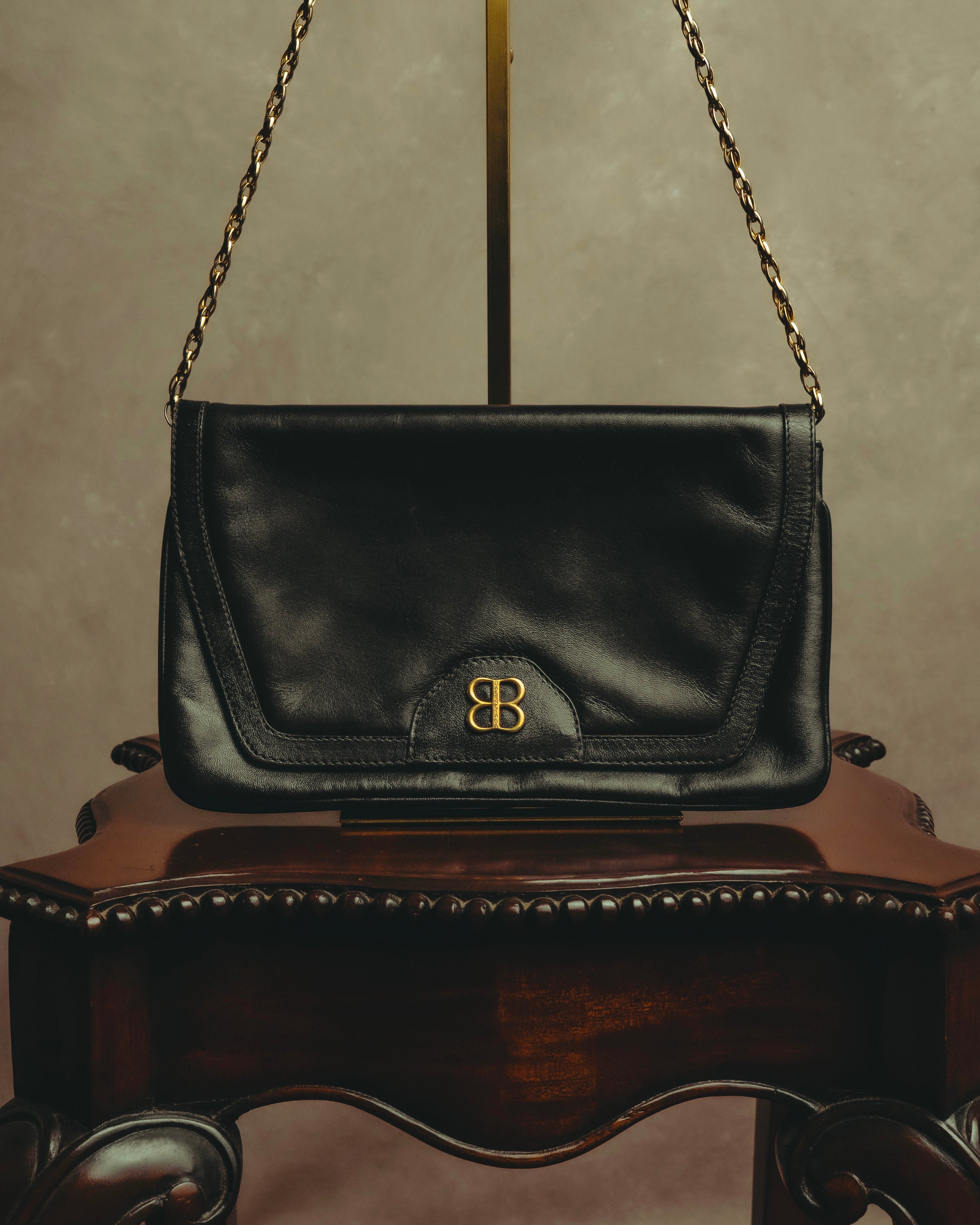 “BALENCIAGA” 80’s-early 90’s double BB leather chain shoulder bag