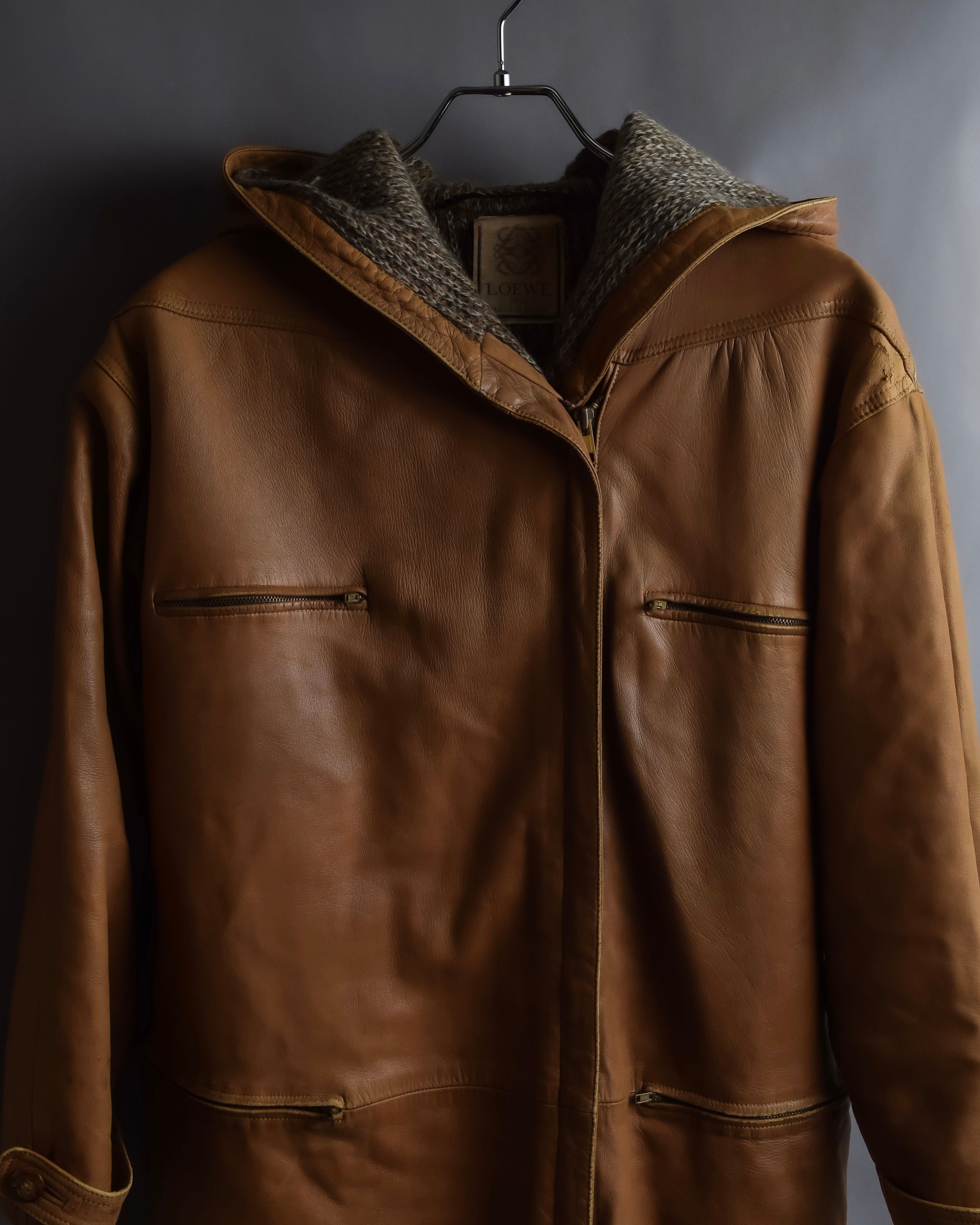 "LOEWE" 80-90's Vintage texture leather zip hoodie