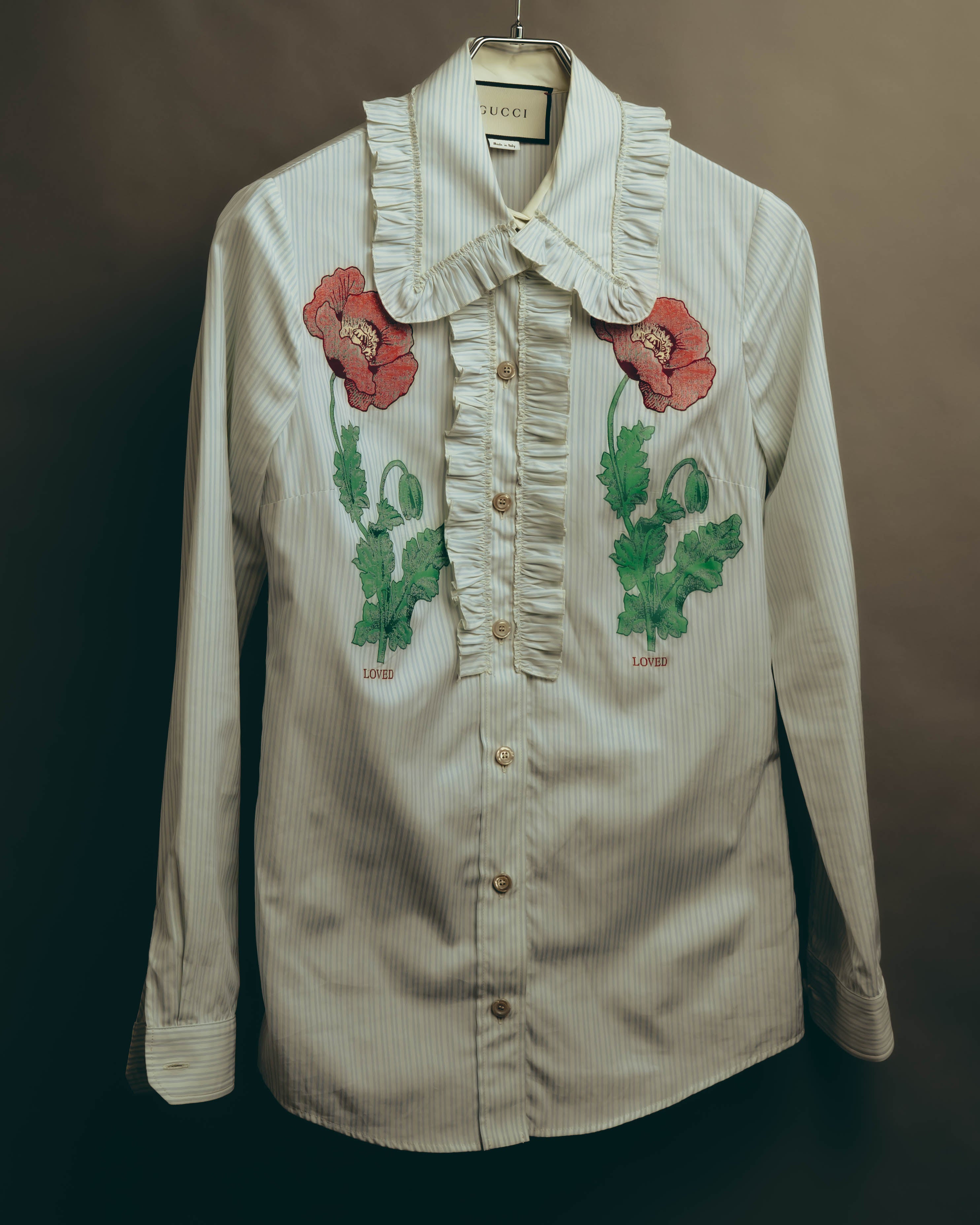 -SPECIAL- “GUCCI” 2017-2019 Floral embroidered ruffled striped shirt