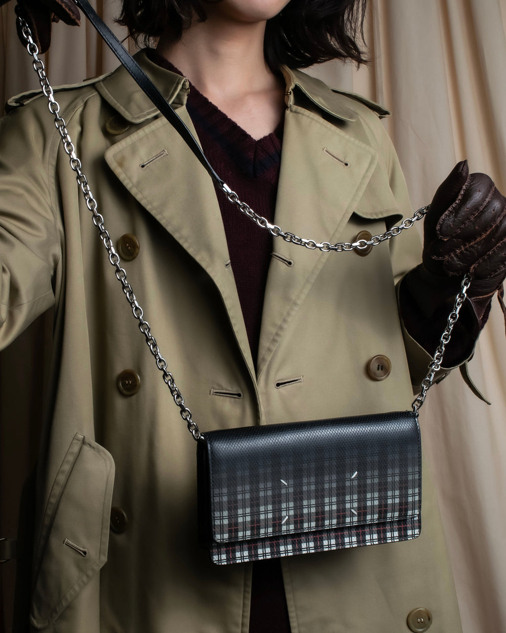 "MAISON MARGIELA" Check pattern gradient design chain shoulder leather wallet bag