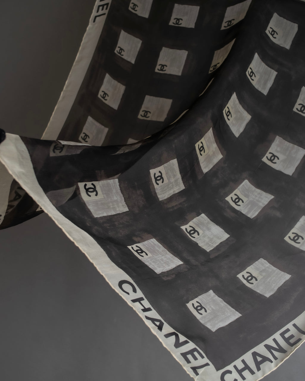 "CHANEL" Coco mark grid pattern silk scarf