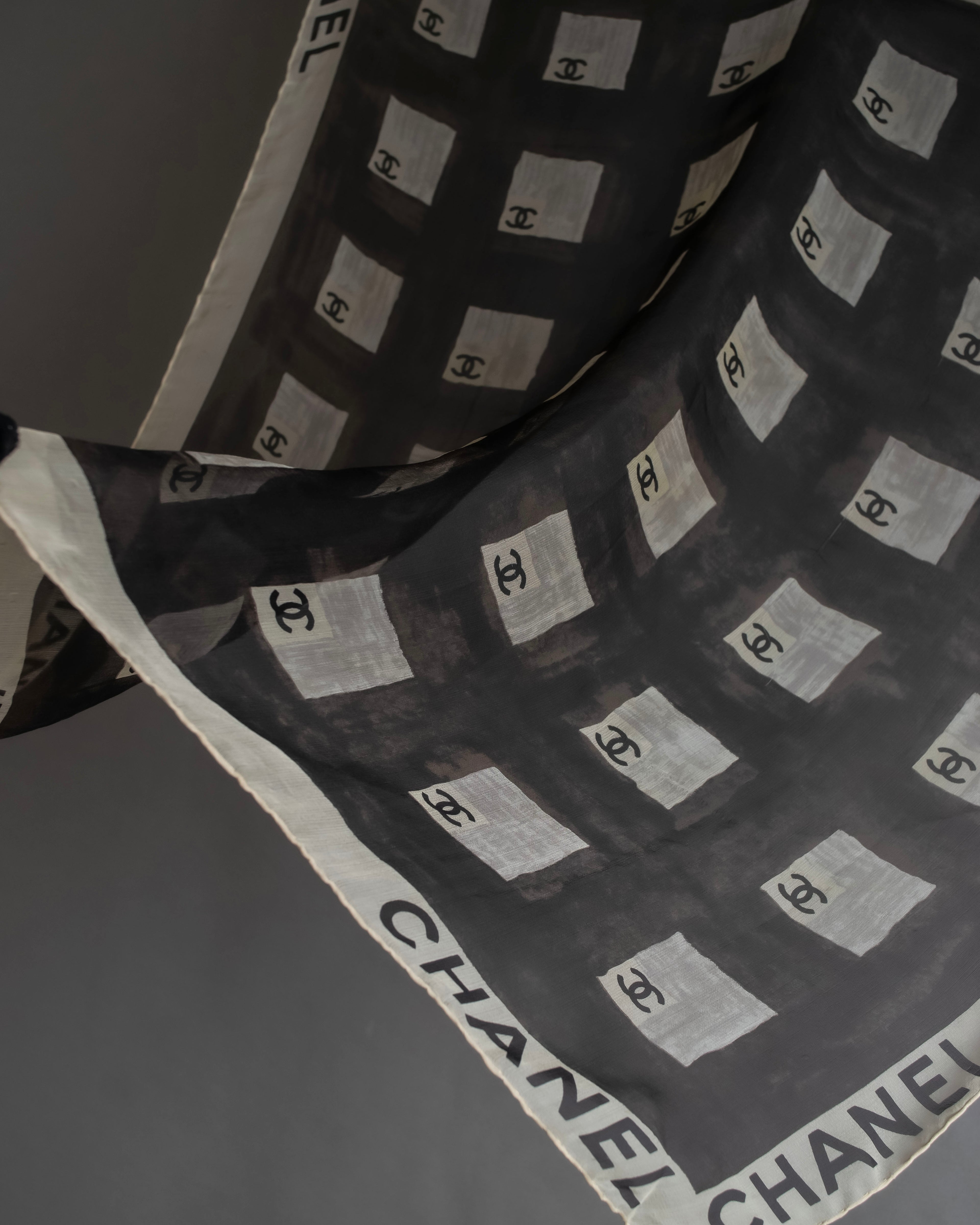 "CHANEL" Coco mark grid pattern silk scarf