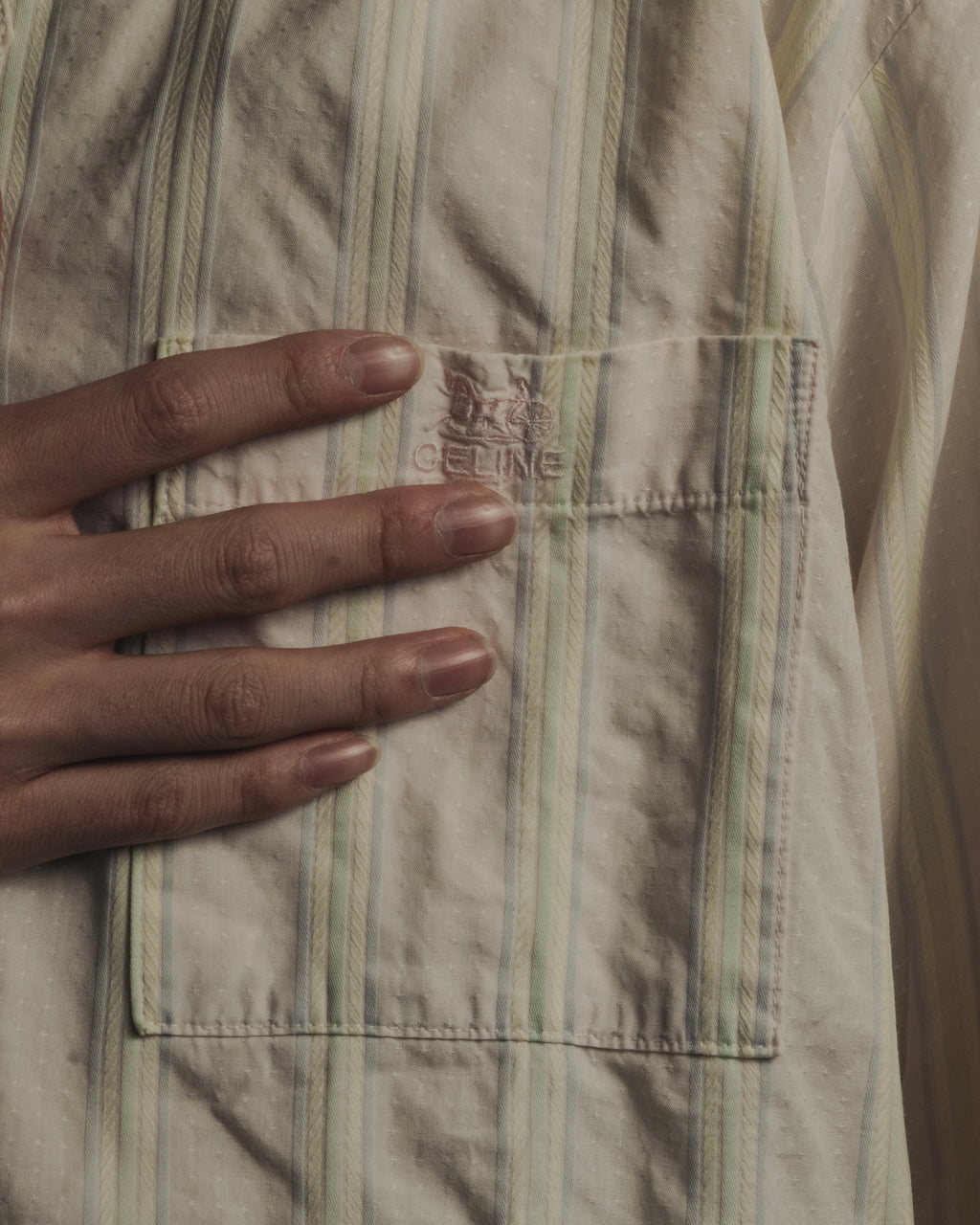Camisa de pijama de rayas pastel con dobladillo de los años 80-90 de "CELINE"