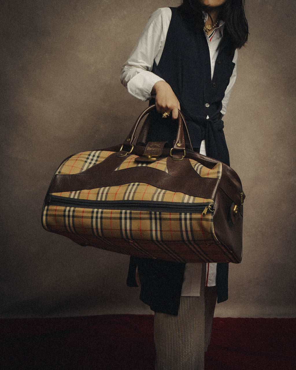 -SPECIAL- "Burberrys" 80's-90's Classic check textured leather boston bag