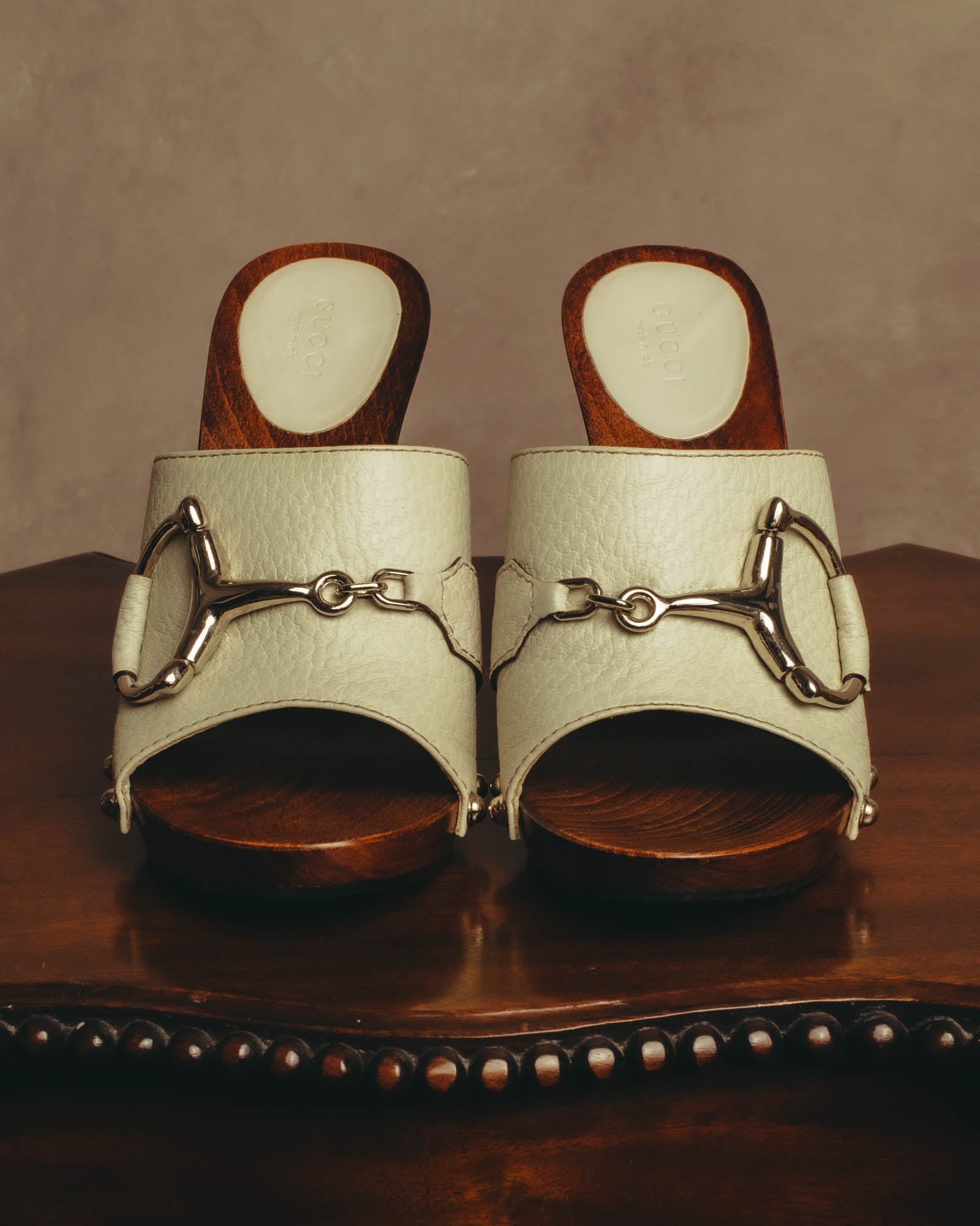"GUCCI" 90's-00's Horsebit studded wood wedge mule sandals