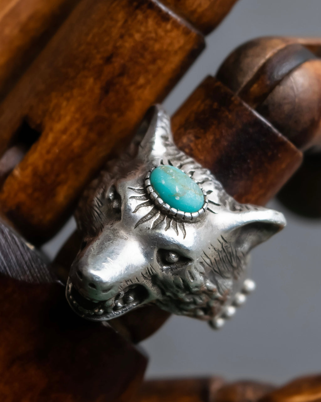 "GUCCI" Anger Forest series wolf motif turquoise stone design silver ring
