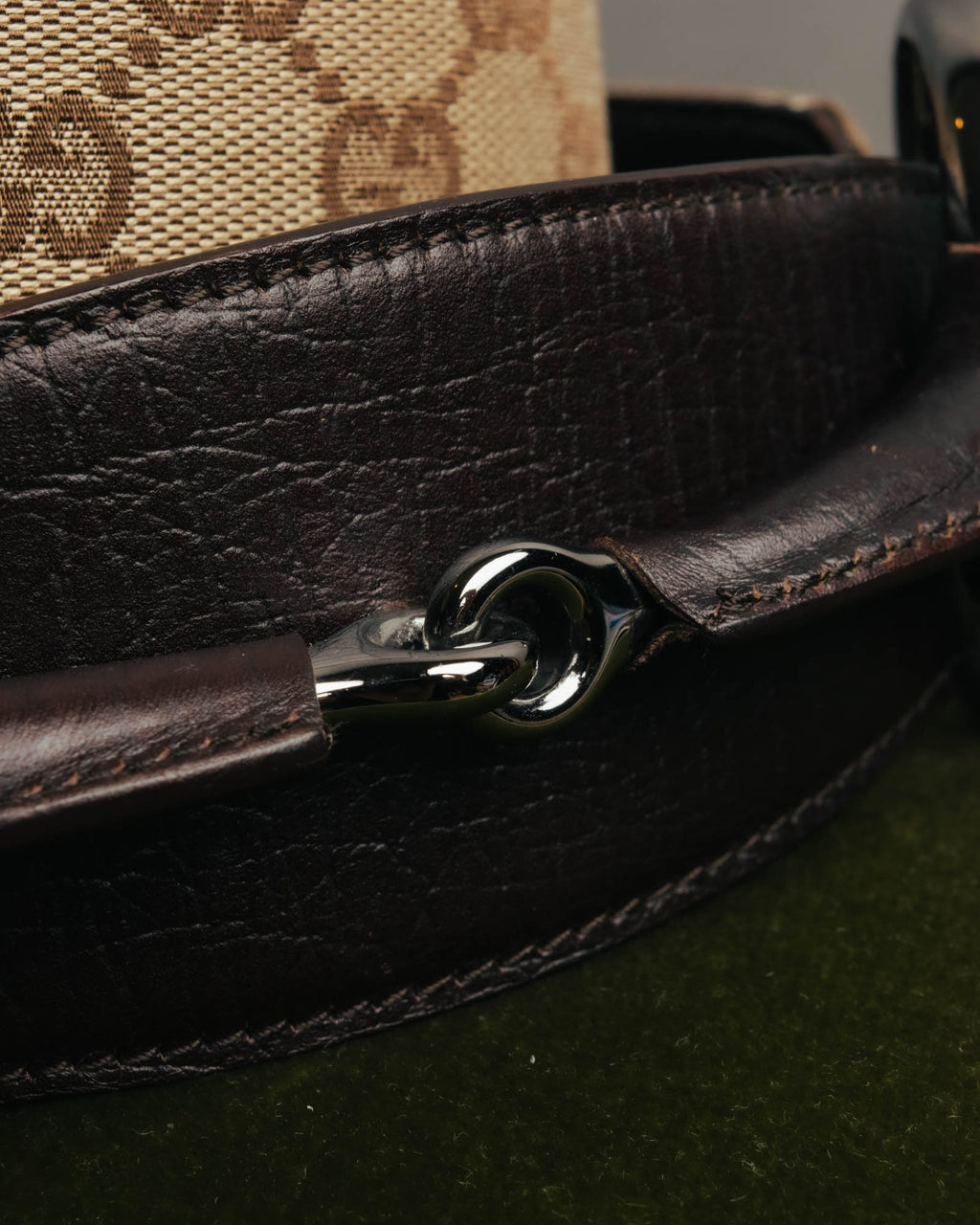 "GUCCI" 00's Large horsebit GG canvas wide waist belt