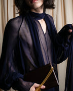 "HERMES" Bowtie detail balloon sleeve sheer pullover