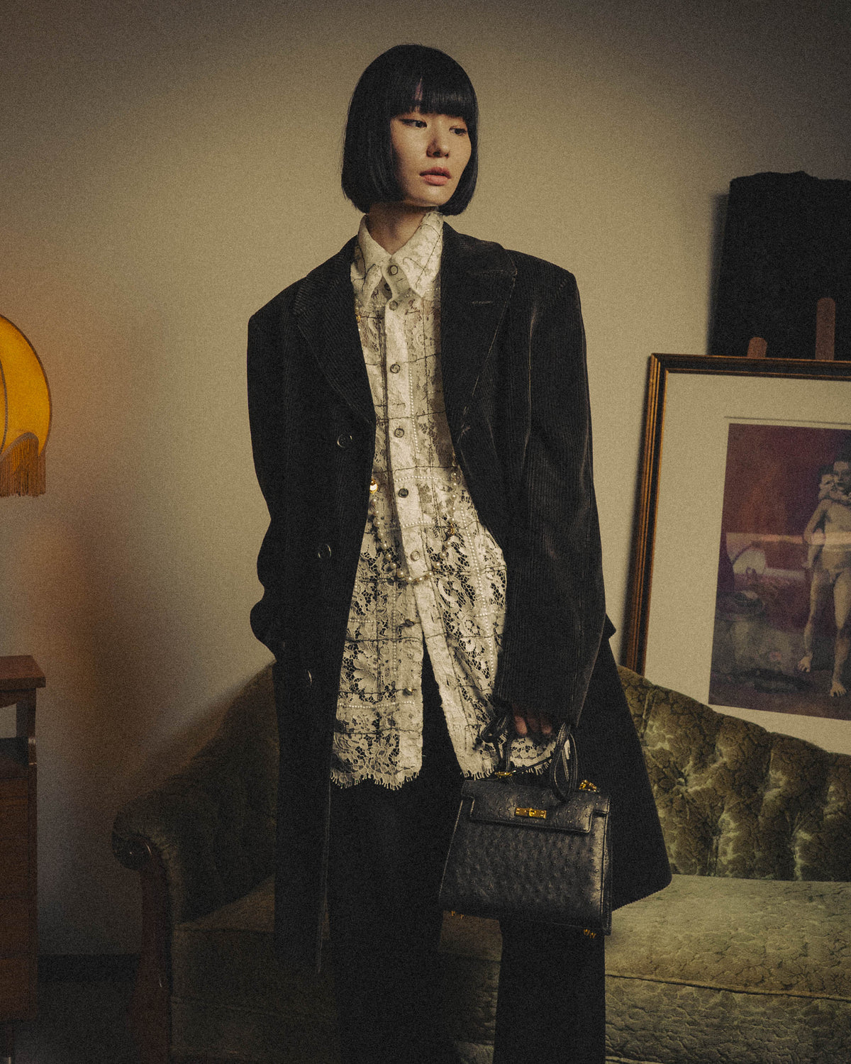 -SPECIAL- "CHANEL" 10's-20's Embellished floral lace and pearl check oversized shirt