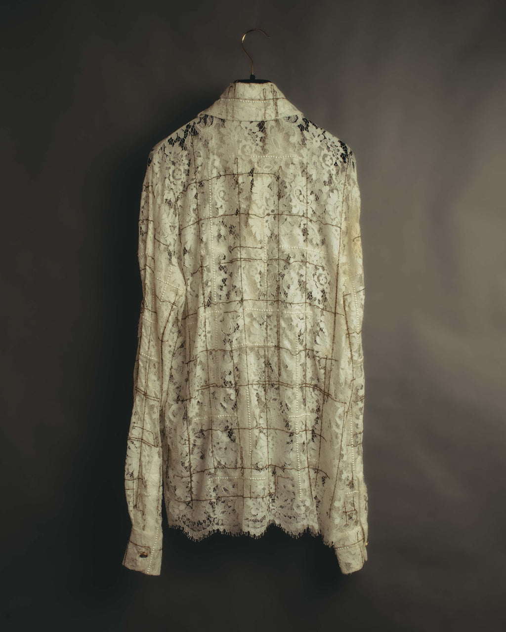 -SPECIAL- "CHANEL" 10's-20's Embellished floral lace and pearl check oversized shirt